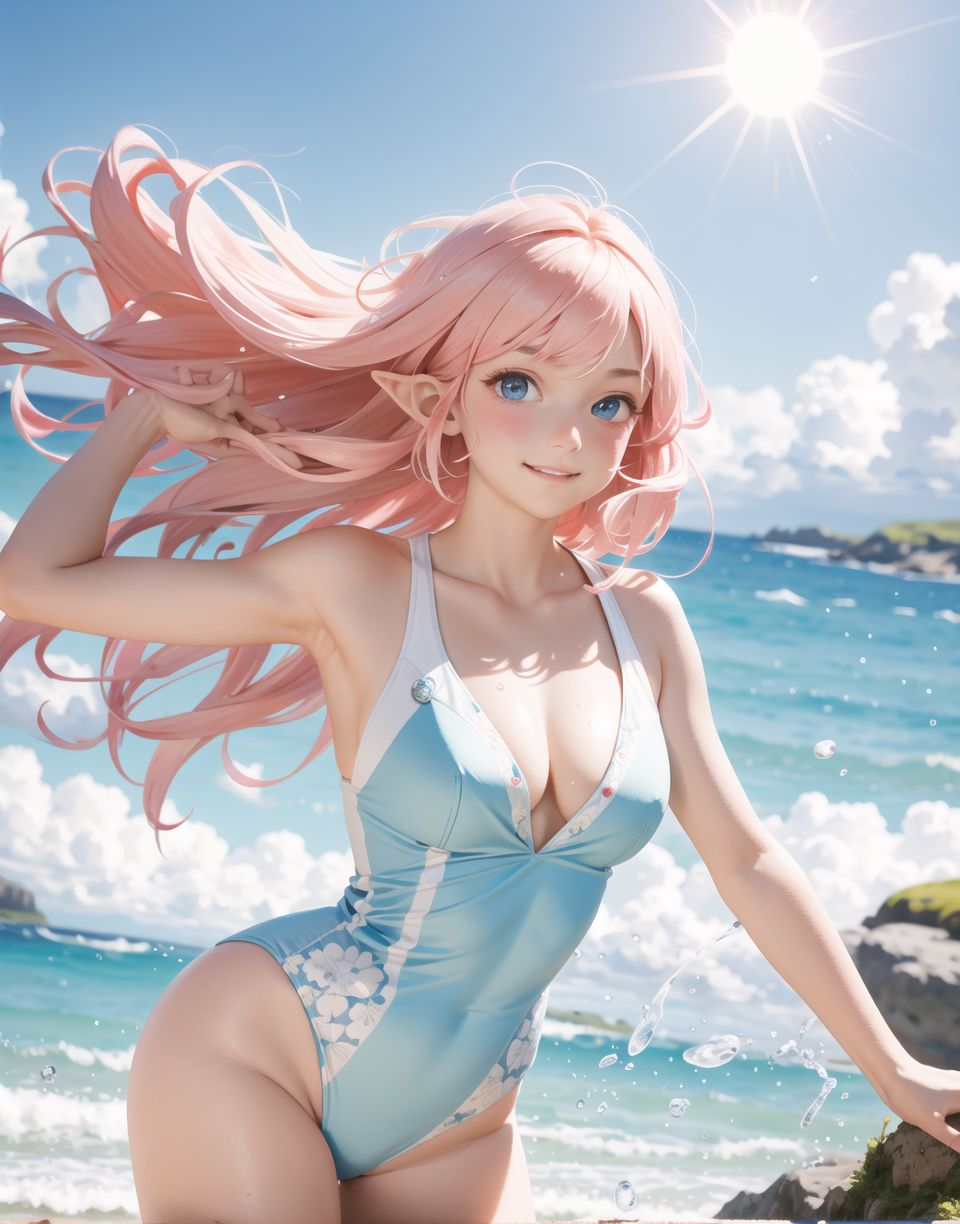 Innocent and charming 16-year-old elf girl,
Innocent, youthful expression, gentle smile, blushing soft cheeks, shy attitude,

Idol-like smile,

Bright green eyes, shining with purity,
pink hair, stylish short cut, delicate flow of hair,

((Sunny, dark-coloured blue sky,))
Southern island coast,
Beautiful sandy beach,
The shimmering horizon,
Beautiful light blue petals,
Photographic clouds,

A gentle smile, 
The strong sunshine, 
Hair blowing in the wind,

soft natural light,
Big boobs,
Adult designed swimming costume,

Glamour and joy are evident in her environment and expression,


Blake,
She faces the camera, makes eye contact and embodies lewd surprise,

Cowboy shot,
Soft, natural posture, youthful and graceful shot,

Blake ,
A slight tilt of the head, flirtatious eyes, the ideal blend of innocence and enchantment,
Elements of boy's fashion, fresh, pure pose, exuding natural charm,

Blake, 
The low angle emphasises her cuteness and highlights the delicate textures of her hair and clothing,
Natural light casts soft shadows and emphasises the youthful contours of her face,

Blake ,
Depth of field brings her into sharp focus and the outstanding depth blur (((f1.2 lens))) creates a dreamy background,
Ultra-high resolution captures every detail, from individual strands of hair to the intricate fabrics of her costume,
Professional-grade clarity and contrast bring vibrant colours to life,