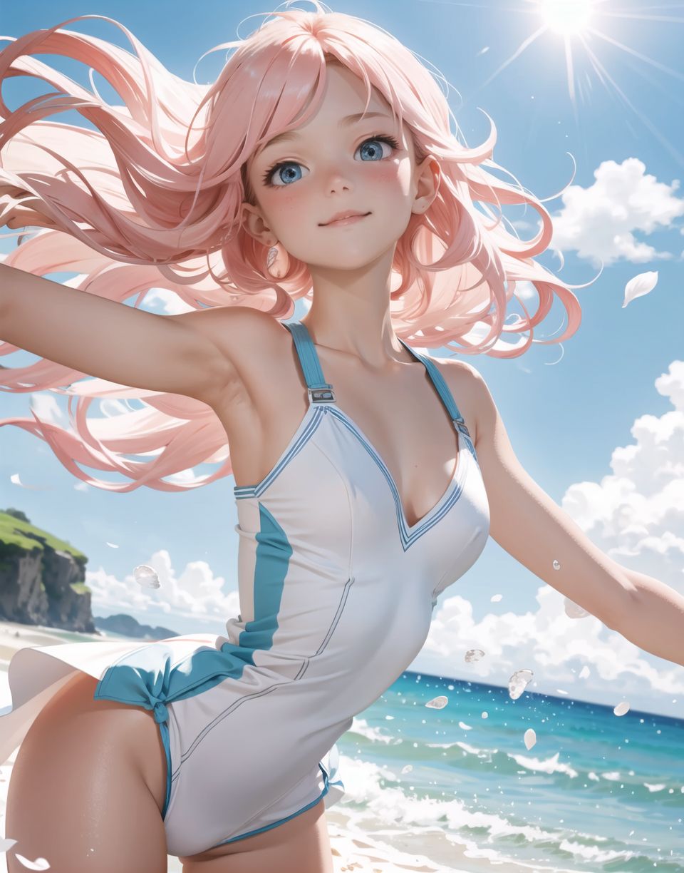 Innocent and charming 16-year-old elf girl,
Innocent, youthful expression, gentle smile, blushing soft cheeks, shy attitude,

Idol-like smile,

Bright green eyes, shining with purity,
pink hair, stylish short cut, delicate flow of hair,

((Sunny, dark-coloured blue sky,))
Southern island coast,
Beautiful sandy beach,
The shimmering horizon,
Beautiful light blue petals,
Photographic clouds,

A gentle smile, 
The strong sunshine, 
Hair blowing in the wind,

soft natural light,
Big boobs,
Adult designed swimming costume,

Glamour and joy are evident in her environment and expression,


Blake,
She faces the camera, makes eye contact and embodies lewd surprise,

Cowboy shot,
Soft, natural posture, youthful and graceful shot,

Blake ,
A slight tilt of the head, flirtatious eyes, the ideal blend of innocence and enchantment,
Elements of boy's fashion, fresh, pure pose, exuding natural charm,

Blake, 
The low angle emphasises her cuteness and highlights the delicate textures of her hair and clothing,
Natural light casts soft shadows and emphasises the youthful contours of her face,

Blake ,
Depth of field brings her into sharp focus and the outstanding depth blur (((f1.2 lens))) creates a dreamy background,
Ultra-high resolution captures every detail, from individual strands of hair to the intricate fabrics of her costume,
Professional-grade clarity and contrast bring vibrant colours to life,