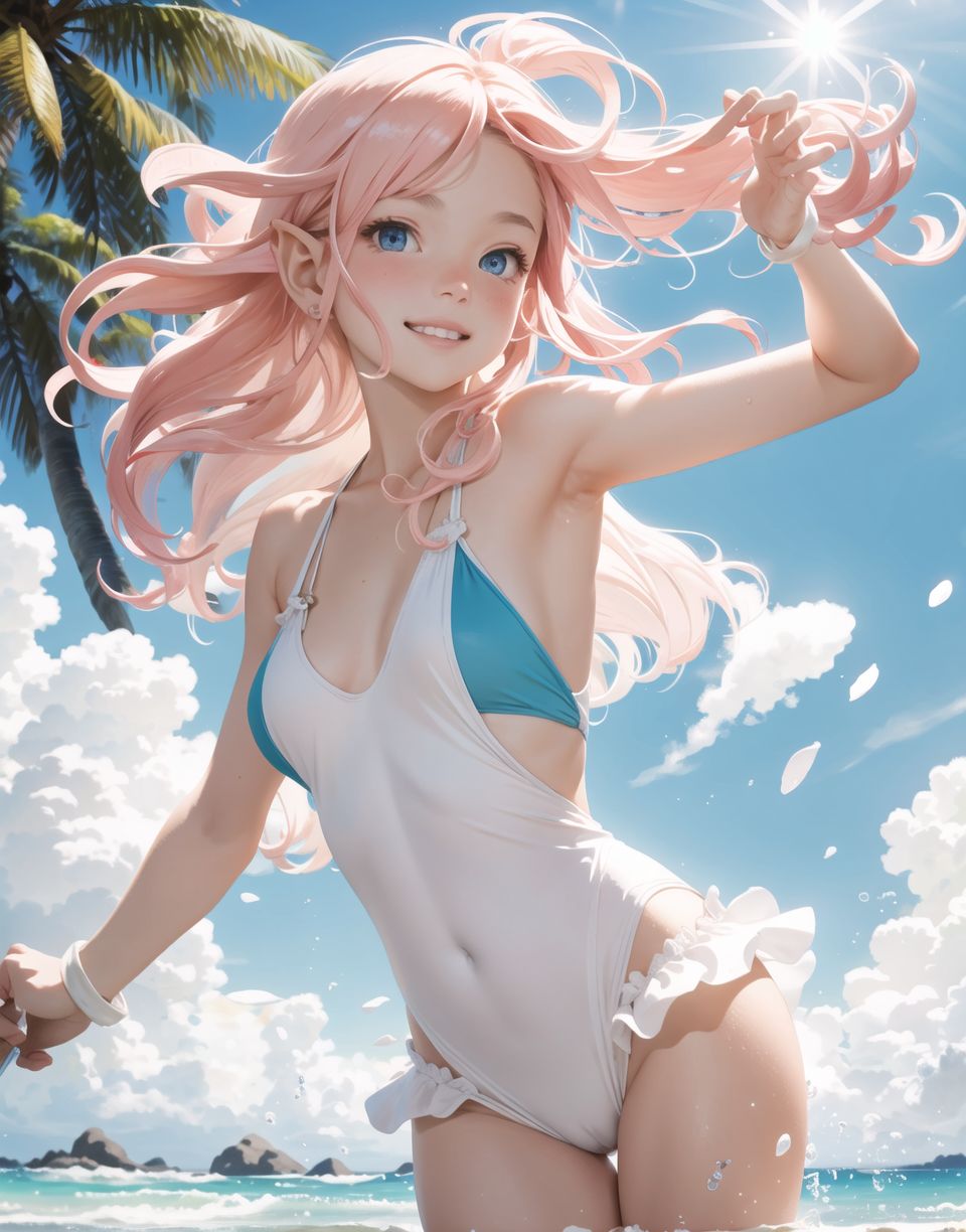 Innocent and charming 16-year-old elf girl,
Innocent, youthful expression, gentle smile, blushing soft cheeks, shy attitude,

Idol-like smile,

Bright green eyes, shining with purity,
pink hair, stylish short cut, delicate flow of hair,

((Sunny, dark-coloured blue sky,))
Southern island coast,
Beautiful sandy beach,
The shimmering horizon,
Beautiful light blue petals,
Photographic clouds,

A gentle smile, 
The strong sunshine, 
Hair blowing in the wind,

soft natural light,
Big boobs,
Adult designed swimming costume,

Glamour and joy are evident in her environment and expression,


Blake,
She faces the camera, makes eye contact and embodies lewd surprise,

Cowboy shot,
Soft, natural posture, youthful and graceful shot,

Blake ,
A slight tilt of the head, flirtatious eyes, the ideal blend of innocence and enchantment,
Elements of boy's fashion, fresh, pure pose, exuding natural charm,

Blake, 
The low angle emphasises her cuteness and highlights the delicate textures of her hair and clothing,
Natural light casts soft shadows and emphasises the youthful contours of her face,

Blake ,
Depth of field brings her into sharp focus and the outstanding depth blur (((f1.2 lens))) creates a dreamy background,
Ultra-high resolution captures every detail, from individual strands of hair to the intricate fabrics of her costume,
Professional-grade clarity and contrast bring vibrant colours to life,