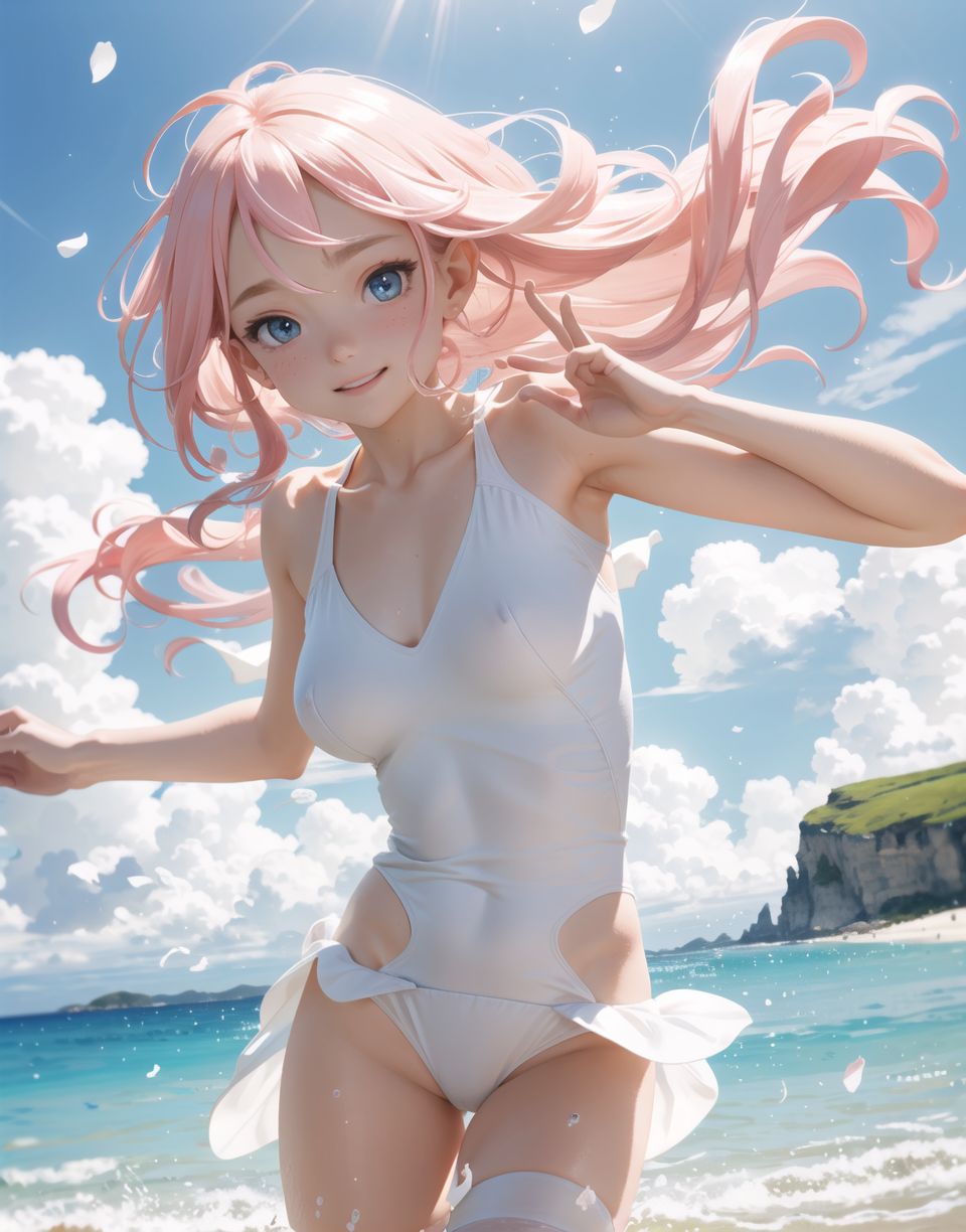 Innocent and charming 16-year-old elf girl,
Innocent, youthful expression, gentle smile, blushing soft cheeks, shy attitude,

Idol-like smile,

Bright green eyes, shining with purity,
pink hair, stylish short cut, delicate flow of hair,

((Sunny, dark-coloured blue sky,))
Southern island coast,
Beautiful sandy beach,
The shimmering horizon,
Beautiful light blue petals,
Photographic clouds,

A gentle smile, 
The strong sunshine, 
Hair blowing in the wind,

soft natural light,
Big boobs,
Adult designed swimming costume,

Glamour and joy are evident in her environment and expression,


Blake,
She faces the camera, makes eye contact and embodies lewd surprise,

Cowboy shot,
Soft, natural posture, youthful and graceful shot,

Blake ,
A slight tilt of the head, flirtatious eyes, the ideal blend of innocence and enchantment,
Elements of boy's fashion, fresh, pure pose, exuding natural charm,

Blake, 
The low angle emphasises her cuteness and highlights the delicate textures of her hair and clothing,
Natural light casts soft shadows and emphasises the youthful contours of her face,

Blake ,
Depth of field brings her into sharp focus and the outstanding depth blur (((f1.2 lens))) creates a dreamy background,
Ultra-high resolution captures every detail, from individual strands of hair to the intricate fabrics of her costume,
Professional-grade clarity and contrast bring vibrant colours to life,