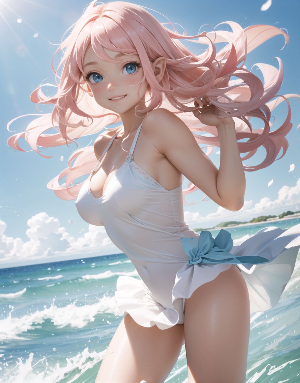 Innocent and charming 16-year-old elf girl,
Innocent, youthful expression, gentle smile, blushing soft cheeks, shy attitude,

Idol-like smile,

Bright green eyes, shining with purity,
pink hair, stylish short cut, delicate flow of hair,

((Sunny, dark-coloured blue sky,))
Southern island coast,
Beautiful sandy beach,
The shimmering horizon,
Beautiful light blue petals,
Photographic clouds,

A gentle smile, 
The strong sunshine, 
Hair blowing in the wind,

soft natural light,
Big boobs,
Adult designed swimming costume,

Glamour and joy are evident in her environment and expression,


Blake,
She faces the camera, makes eye contact and embodies lewd surprise,

Cowboy shot,
Soft, natural posture, youthful and graceful shot,

Blake ,
A slight tilt of the head, flirtatious eyes, the ideal blend of innocence and enchantment,
Elements of boy's fashion, fresh, pure pose, exuding natural charm,

Blake, 
The low angle emphasises her cuteness and highlights the delicate textures of her hair and clothing,
Natural light casts soft shadows and emphasises the youthful contours of her face,

Blake ,
Depth of field brings her into sharp focus and the outstanding depth blur (((f1.2 lens))) creates a dreamy background,
Ultra-high resolution captures every detail, from individual strands of hair to the intricate fabrics of her costume,
Professional-grade clarity and contrast bring vibrant colours to life,