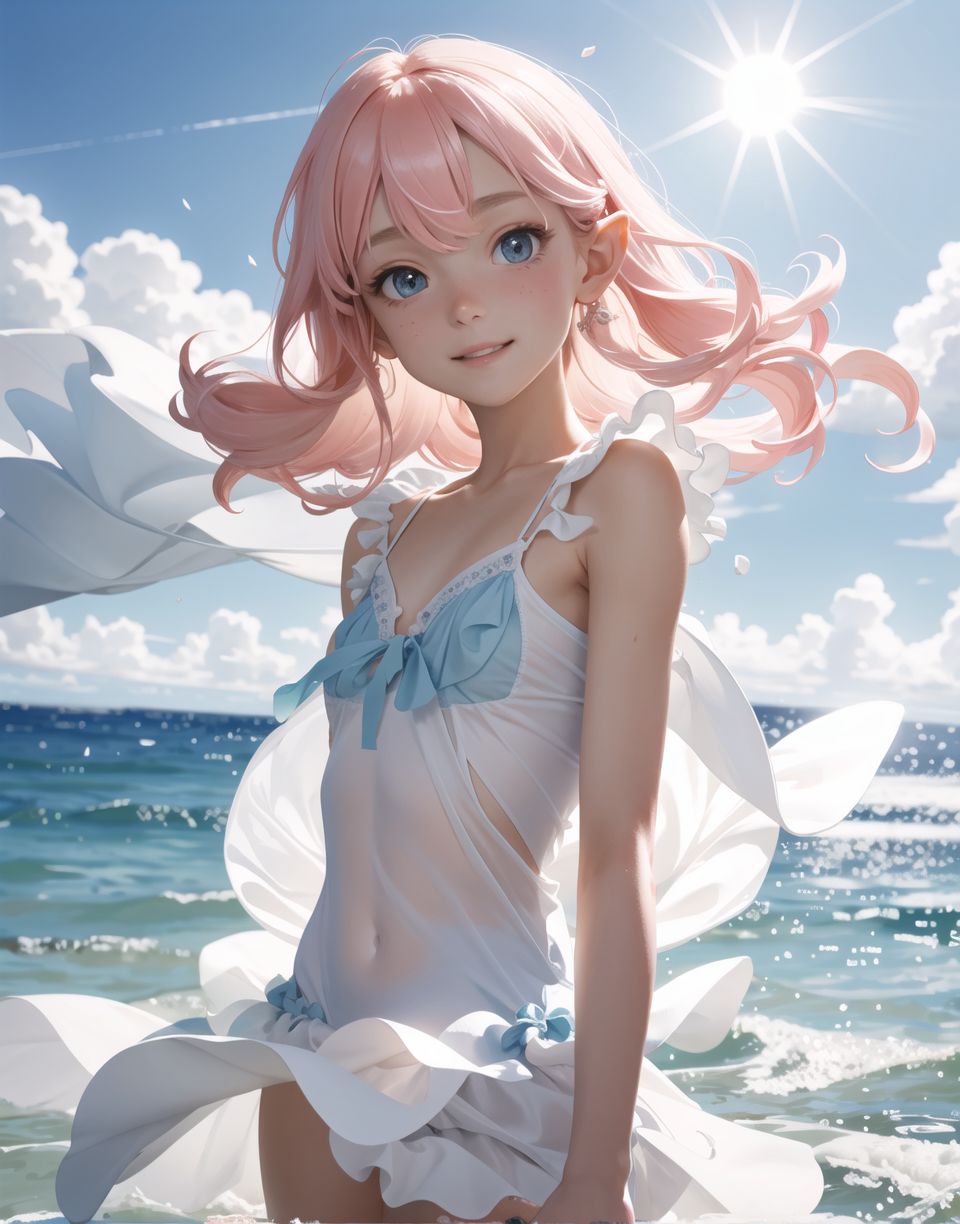 Innocent and charming 16-year-old elf girl,
Innocent, youthful expression, gentle smile, blushing soft cheeks, shy attitude,

Idol-like smile,

Bright green eyes, shining with purity,
pink hair, stylish short cut, delicate flow of hair,

((Sunny, dark-coloured blue sky,))
Southern island coast,
Beautiful sandy beach,
The shimmering horizon,
Beautiful light blue petals,
Photographic clouds,

A gentle smile, 
The strong sunshine, 
Hair blowing in the wind,

soft natural light,
Mature body, Big tits, 
Mature swimming costume,

serenity and joy are evident in her surroundings and expression,


Blake,
She faces the camera, makes eye contact and embodies childlike wonder,

Cowboy shot,
Soft, natural posture, youthful and graceful shot,

Blake ,
A slight tilt of the head, flirtatious eyes, the ideal blend of innocence and enchantment,
Elements of boy's fashion, fresh, pure pose, exuding natural charm,

Blake, 
The low angle emphasises her cuteness and highlights the delicate textures of her hair and clothing,
Natural light casts soft shadows and emphasises the youthful contours of her face,

Blake ,
Depth of field brings her into sharp focus and the outstanding depth blur (((f1.2 lens))) creates a dreamy background,
Ultra-high resolution captures every detail, from individual strands of hair to the intricate fabrics of her costume,
Professional-grade clarity and contrast bring vibrant colours to life,