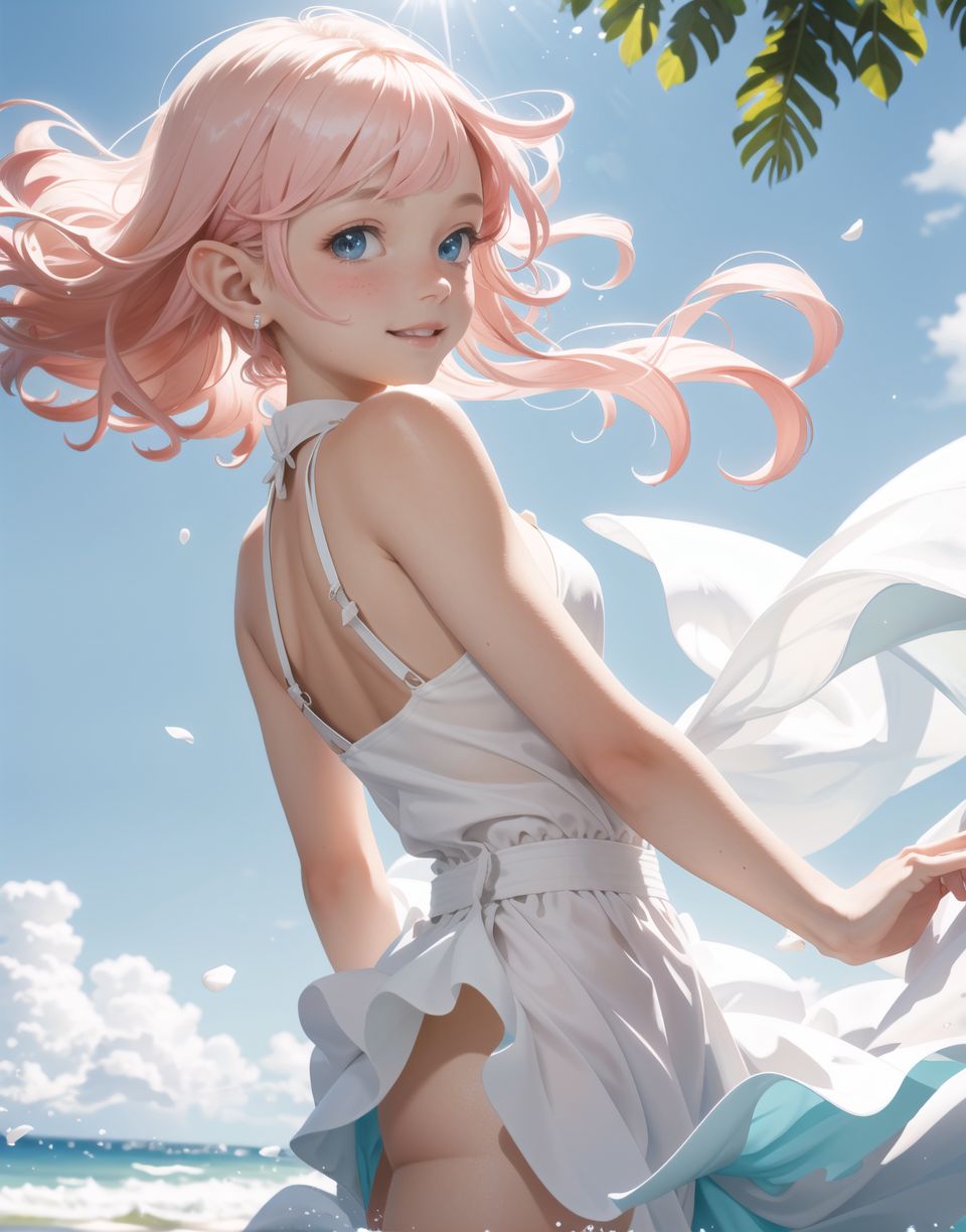 Innocent and charming 16-year-old elf girl,
Innocent, youthful expression, gentle smile, blushing soft cheeks, shy attitude,

Idol-like smile,

Bright green eyes, shining with purity,
pink hair, stylish short cut, delicate flow of hair,

((Sunny, dark-coloured blue sky,))
Southern island coast,
Beautiful sandy beach,
The shimmering horizon,
Beautiful light blue petals,
Photographic clouds,

A gentle smile, 
The strong sunshine, 
Hair blowing in the wind,

soft natural light,
Mature body, Big tits, 
Mature swimming costume,

serenity and joy are evident in her surroundings and expression,


Blake,
She faces the camera, makes eye contact and embodies childlike wonder,

Cowboy shot,
Soft, natural posture, youthful and graceful shot,

Blake ,
A slight tilt of the head, flirtatious eyes, the ideal blend of innocence and enchantment,
Elements of boy's fashion, fresh, pure pose, exuding natural charm,

Blake, 
The low angle emphasises her cuteness and highlights the delicate textures of her hair and clothing,
Natural light casts soft shadows and emphasises the youthful contours of her face,

Blake ,
Depth of field brings her into sharp focus and the outstanding depth blur (((f1.2 lens))) creates a dreamy background,
Ultra-high resolution captures every detail, from individual strands of hair to the intricate fabrics of her costume,
Professional-grade clarity and contrast bring vibrant colours to life,