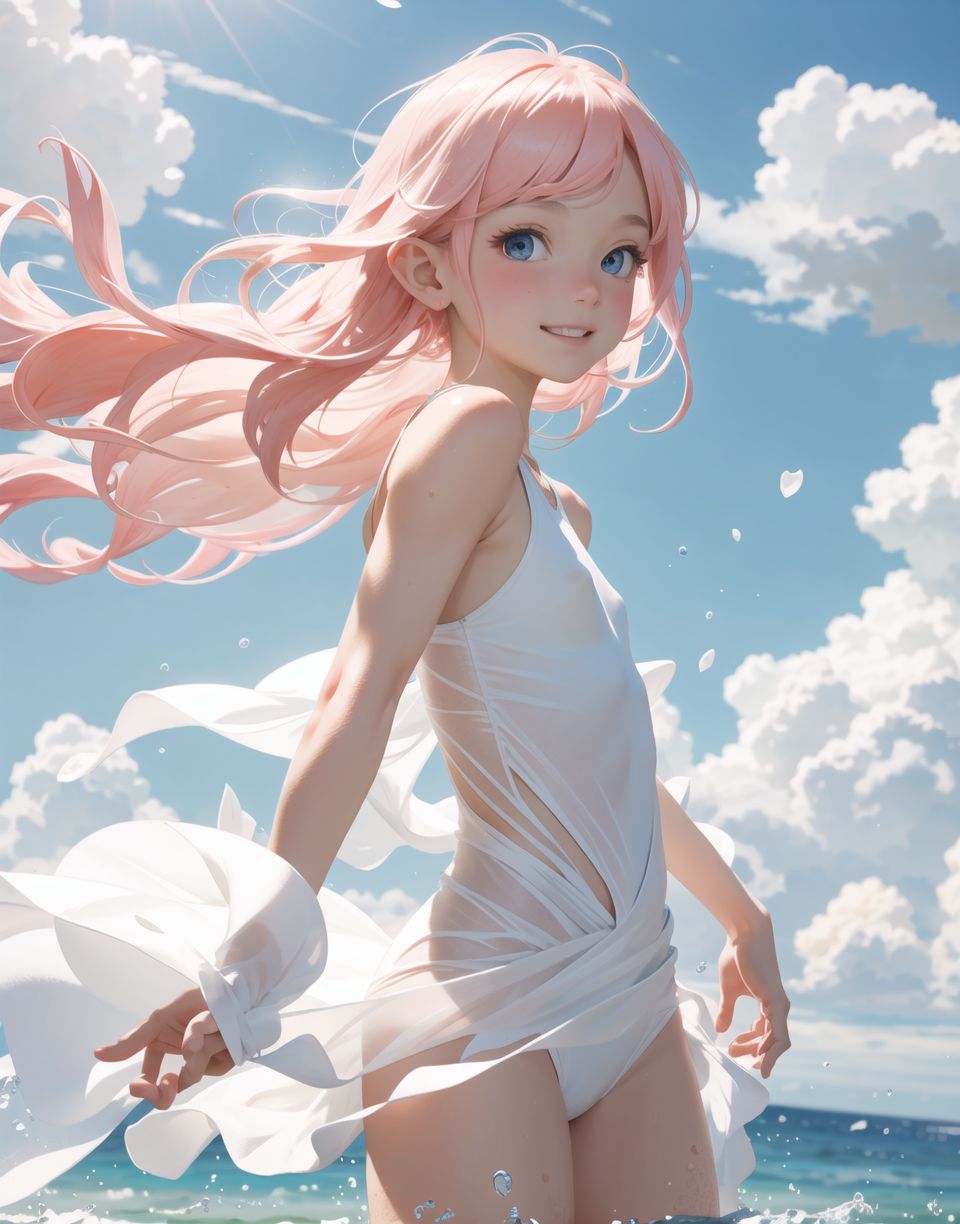 Innocent and charming 16-year-old elf girl,
Innocent, youthful expression, gentle smile, blushing soft cheeks, shy attitude,

Idol-like smile,

Bright green eyes, shining with purity,
pink hair, stylish short cut, delicate flow of hair,

((Sunny, dark-coloured blue sky,))
Southern island coast,
Beautiful sandy beach,
The shimmering horizon,
Beautiful light blue petals,
Picturesque clouds,

A gentle smile, 
The strong sunshine, 
Hair blowing in the wind,

soft natural light,
In a mature swimming costume,
nipples almost transparent,
serenity and joy are evident in her surroundings and expression,


Blake,
She faces the camera, makes eye contact and embodies childlike wonder,

Cowboy shot,
Soft, natural posture, youthful and graceful shot,

Blake ,
A slight tilt of the head, flirtatious eyes, the ideal blend of innocence and enchantment,
Elements of boy's fashion, fresh, pure pose, exuding natural charm,

Blake, 
The low angle emphasises her cuteness and highlights the delicate textures of her hair and clothing,
Natural light casts soft shadows and emphasises the youthful contours of her face,

Blake ,
Depth of field brings her into sharp focus and the outstanding depth blur (((f1.2 lens))) creates a dreamy background,
Ultra-high resolution captures every detail, from individual strands of hair to the intricate fabrics of her costume,
Professional-grade clarity and contrast bring vibrant colours to life,