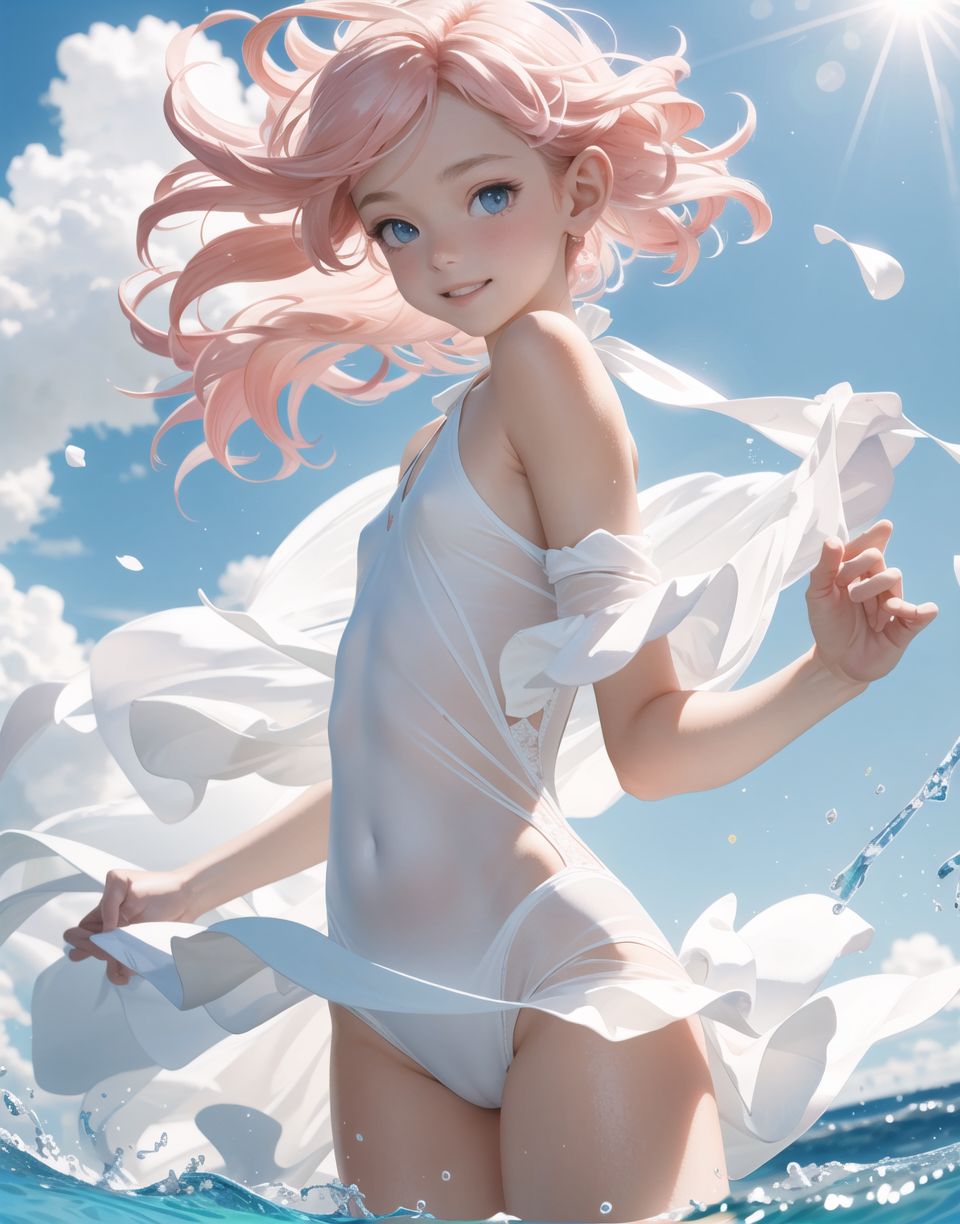 Innocent and charming 16-year-old elf girl,
Innocent, youthful expression, gentle smile, blushing soft cheeks, shy attitude,

Idol-like smile,

Bright green eyes, shining with purity,
pink hair, stylish short cut, delicate flow of hair,

((Sunny, dark-coloured blue sky,))
Southern island coast,
Beautiful sandy beach,
The shimmering horizon,
Beautiful light blue petals,
Picturesque clouds,

A gentle smile, 
The strong sunshine, 
Hair blowing in the wind,

soft natural light,
In a mature swimming costume,
nipples almost transparent,
serenity and joy are evident in her surroundings and expression,


Blake,
She faces the camera, makes eye contact and embodies childlike wonder,

Cowboy shot,
Soft, natural posture, youthful and graceful shot,

Blake ,
A slight tilt of the head, flirtatious eyes, the ideal blend of innocence and enchantment,
Elements of boy's fashion, fresh, pure pose, exuding natural charm,

Blake, 
The low angle emphasises her cuteness and highlights the delicate textures of her hair and clothing,
Natural light casts soft shadows and emphasises the youthful contours of her face,

Blake ,
Depth of field brings her into sharp focus and the outstanding depth blur (((f1.2 lens))) creates a dreamy background,
Ultra-high resolution captures every detail, from individual strands of hair to the intricate fabrics of her costume,
Professional-grade clarity and contrast bring vibrant colours to life,