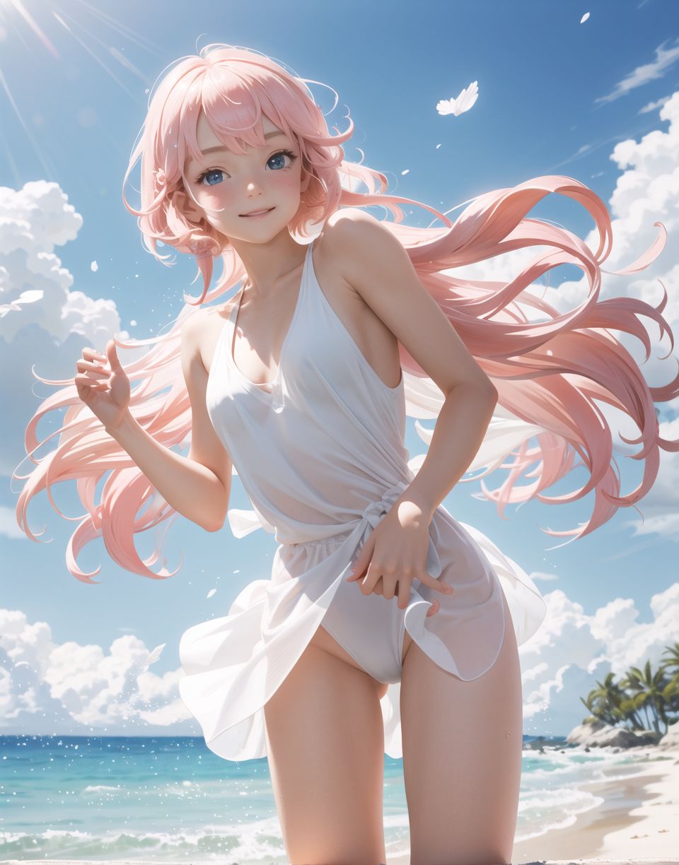 Innocent and charming 16-year-old elf girl,
Innocent, youthful expression, gentle smile, blushing soft cheeks, shy attitude,

Idol-like smile,

Bright green eyes, shining with purity,
pink hair, stylish short cut, delicate flow of hair,

((Sunny, dark-coloured blue sky,))
Southern island coast,
Beautiful sandy beach,
The shimmering horizon,
Beautiful light blue petals,
Picturesque clouds,

A gentle smile, 
The strong sunshine, 
Hair blowing in the wind,

soft natural light,
In a mature swimming costume,
nipples almost transparent,
serenity and joy are evident in her surroundings and expression,


Blake,
She faces the camera, makes eye contact and embodies childlike wonder,

Cowboy shot,
Soft, natural posture, youthful and graceful shot,

Blake ,
A slight tilt of the head, flirtatious eyes, the ideal blend of innocence and enchantment,
Elements of boy's fashion, fresh, pure pose, exuding natural charm,

Blake, 
The low angle emphasises her cuteness and highlights the delicate textures of her hair and clothing,
Natural light casts soft shadows and emphasises the youthful contours of her face,

Blake ,
Depth of field brings her into sharp focus and the outstanding depth blur (((f1.2 lens))) creates a dreamy background,
Ultra-high resolution captures every detail, from individual strands of hair to the intricate fabrics of her costume,
Professional-grade clarity and contrast bring vibrant colours to life,