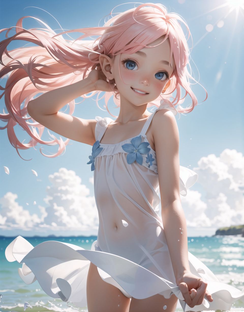 Innocent and charming 16-year-old elf girl,
Innocent, youthful expression, gentle smile, blushing soft cheeks, shy attitude,

Idol-like smile,

Bright green eyes, shining with purity,
pink hair, stylish short cut, delicate flow of hair,

((Sunny, dark-coloured blue sky,))
Southern island coast,
Beautiful sandy beach,
The shimmering horizon,
Beautiful light blue petals,
Picturesque clouds,

A gentle smile, 
The strong sunshine, 
Hair blowing in the wind,

soft natural light,
childlike swimming costume,
nipples almost transparent,
serenity and joy are evident in her surroundings and expression,


Blake,
She faces the camera, makes eye contact and embodies childlike wonder,

Cowboy shot,
Soft, natural posture, youthful and graceful shot,

Blake ,
A slight tilt of the head, flirtatious eyes, the ideal blend of innocence and enchantment,
Elements of boy's fashion, fresh, pure pose, exuding natural charm,

Blake, 
The low angle emphasises her cuteness and highlights the delicate textures of her hair and clothing,
Natural light casts soft shadows and emphasises the youthful contours of her face,

Blake ,
Depth of field brings her into sharp focus and the outstanding depth blur (((f1.2 lens))) creates a dreamy background,
Ultra-high resolution captures every detail, from individual strands of hair to the intricate fabrics of her costume,
Professional-grade clarity and contrast bring vibrant colours to life,