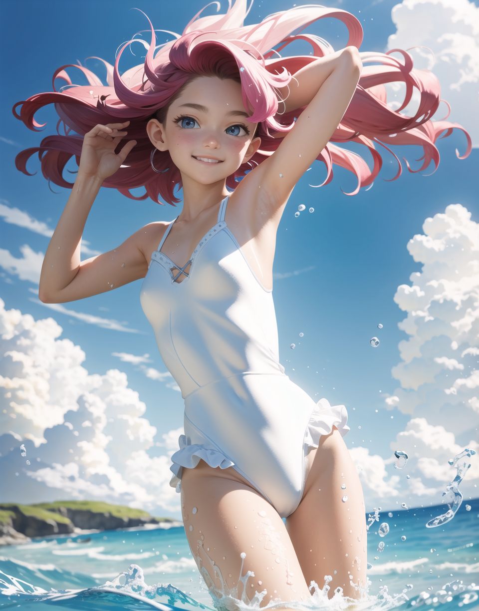 Innocent and charming 16-year-old elf girl,
Innocent, youthful expression, gentle smile, blushing soft cheeks, shy attitude,

Idol-like smile,

Bright green eyes, shining with purity,
(((Colourful separates, swimming costume,))) 
Elaborate design,
Transparent material,
Magenta hair, stylish short cut, delicate flow of hair,

((Sunny, dark-coloured blue sky,))
Southern island coast,
Beautiful sandy beach,
The shimmering horizon,
Photographic clouds,

A gentle smile, 
The strong sunshine, 
Hair blowing in the wind,

Strong equatorial natural light,
Strong contrasts,
Dark, dark shadows fall,
Reflections of sunlight shining white,
Big boobs,
Glamour and joy are evident in her environment and expression,


Blake,
She faces the camera, makes eye contact and embodies fresh surprises,

Cowboy shot,
Soft, natural posture, youthful and graceful shot,

Blake ,
A slight tilt of the head, flirtatious eyes, the ideal blend of innocence and enchantment,
Pedophilia elements, fresh, pure pose, exuding natural charm,

Blake, 
The low angle emphasises her cuteness and highlights the delicate textures of her clothes and hair,
Natural light casts soft shadows and emphasises the youthful contours of her face,

Blake ,
Depth of field brings her into sharp focus and the outstanding depth blur (((f1.2 lens))) creates a dreamy background,
Ultra-high resolution captures every detail, down to the ground, hair by hair,
Professional-grade clarity and contrast bring vibrant colours to life,