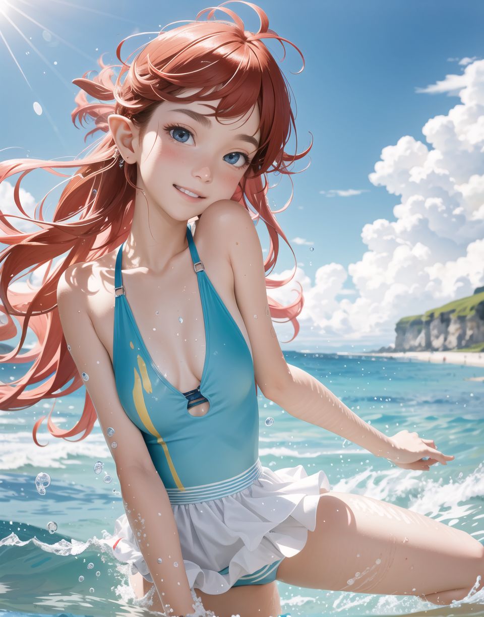 Innocent and charming 16-year-old elf girl,
Innocent, youthful expression, gentle smile, blushing soft cheeks, shy attitude,

Idol-like smile,

Bright green eyes, shining with purity,
(((Colourful separates, swimming costume,))) 
Elaborate design,
Transparent material,
Red hair, stylish short cut, delicate flow of hair,

((Sunny, dark-coloured blue sky,))
Southern island coast,
Beautiful sandy beach,
The shimmering horizon,
Photographic clouds,

A gentle smile, 
The strong sunshine, 
Hair blowing in the wind,

Strong equatorial natural light,
Strong contrasts,
Dark, dark shadows fall,
Reflections of sunlight shining white,
Big boobs,
Glamour and joy are evident in her environment and expression,


Blake,
She faces the camera, makes eye contact and embodies fresh surprises,

Cowboy shot,
Soft, natural posture, youthful and graceful shot,

Blake ,
A slight tilt of the head, flirtatious eyes, the ideal blend of innocence and enchantment,
Pedophilia elements, fresh, pure pose, exuding natural charm,

Blake, 
The low angle emphasises her cuteness and highlights the delicate textures of her clothes and hair,
Natural light casts soft shadows and emphasises the youthful contours of her face,

Blake ,
Depth of field brings her into sharp focus and the outstanding depth blur (((f1.2 lens))) creates a dreamy background,
Ultra-high resolution captures every detail, down to the ground, hair by hair,
Professional-grade clarity and contrast bring vibrant colours to life,