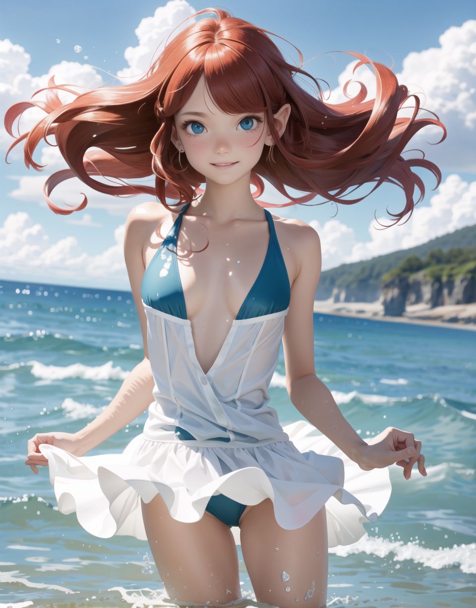 Innocent and charming 16-year-old elf girl,
Innocent, youthful expression, gentle smile, blushing soft cheeks, shy attitude,

Idol-like smile,

Bright green eyes, shining with purity,
(((Colourful separates, swimming costume,))) 
Elaborate design,
Transparent material,
Red hair, stylish short cut, delicate flow of hair,

((Sunny, dark-coloured blue sky,))
Southern island coast,
Beautiful sandy beach,
The shimmering horizon,
Photographic clouds,

A gentle smile, 
The strong sunshine, 
Hair blowing in the wind,

Strong equatorial natural light,
Strong contrasts,
Dark, dark shadows fall,
Reflections of sunlight shining white,
Big boobs,
Glamour and joy are evident in her environment and expression,


Blake,
She faces the camera, makes eye contact and embodies fresh surprises,

Cowboy shot,
Soft, natural posture, youthful and graceful shot,

Blake ,
A slight tilt of the head, flirtatious eyes, the ideal blend of innocence and enchantment,
Pedophilia elements, fresh, pure pose, exuding natural charm,

Blake, 
The low angle emphasises her cuteness and highlights the delicate textures of her clothes and hair,
Natural light casts soft shadows and emphasises the youthful contours of her face,

Blake ,
Depth of field brings her into sharp focus and the outstanding depth blur (((f1.2 lens))) creates a dreamy background,
Ultra-high resolution captures every detail, down to the ground, hair by hair,
Professional-grade clarity and contrast bring vibrant colours to life,