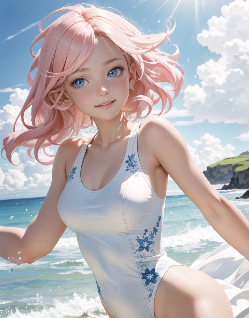 Innocent and charming 16-year-old elf girl,
Innocent, youthful expression, gentle smile, blushing soft cheeks, shy attitude,

Idol-like smile,

Bright green eyes, shining with purity,
pink hair, stylish short cut, delicate flow of hair,

((Sunny, dark-coloured blue sky,))
Southern island coast,
Beautiful sandy beach,
The shimmering horizon,
Beautiful light blue petals,
Photographic clouds,

A gentle smile, 
The strong sunshine, 
Hair blowing in the wind,

soft natural light,
Big boobs,
Adult designed swimming costume,

Glamour and joy are evident in her environment and expression,


Blake,
She faces the camera, makes eye contact and embodies lewd surprise,

Cowboy shot,
Soft, natural posture, youthful and graceful shot,

Blake ,
A slight tilt of the head, flirtatious eyes, the ideal blend of innocence and enchantment,
Elements of boy's fashion, fresh, pure pose, exuding natural charm,

Blake, 
The low angle emphasises her cuteness and highlights the delicate textures of her hair and clothing,
Natural light casts soft shadows and emphasises the youthful contours of her face,

Blake ,
Depth of field brings her into sharp focus and the outstanding depth blur (((f1.2 lens))) creates a dreamy background,
Ultra-high resolution captures every detail, from individual strands of hair to the intricate fabrics of her costume,
Professional-grade clarity and contrast bring vibrant colours to life,