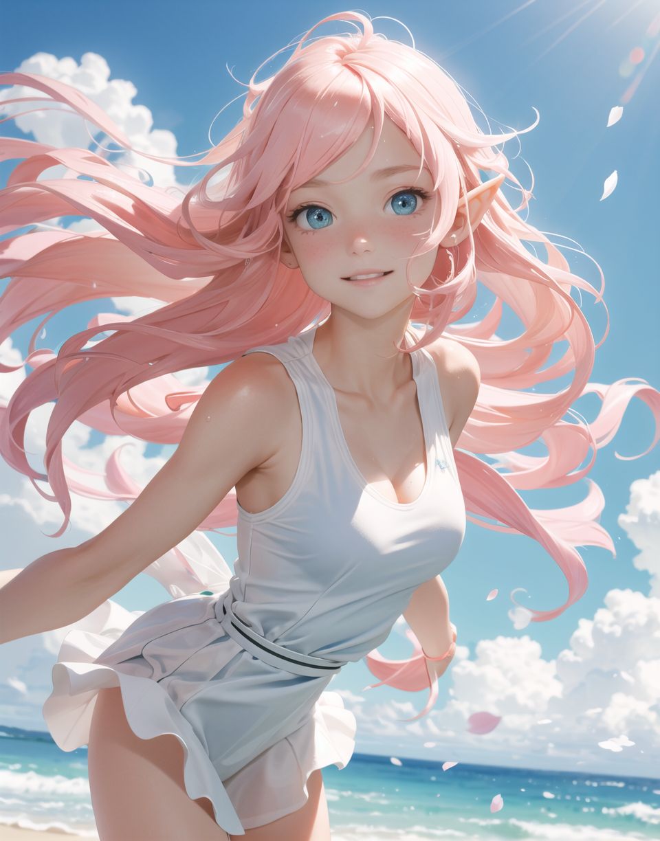 Innocent and charming 16-year-old elf girl,
Innocent, youthful expression, gentle smile, blushing soft cheeks, shy attitude,

Idol-like smile,

Bright green eyes, shining with purity,
pink hair, stylish short cut, delicate flow of hair,

((Sunny, dark-coloured blue sky,))
Southern island coast,
Beautiful sandy beach,
The shimmering horizon,
Beautiful light blue petals,
Photographic clouds,

A gentle smile, 
The strong sunshine, 
Hair blowing in the wind,

soft natural light,
Big boobs,
Adult designed swimming costume,

Glamour and joy are evident in her environment and expression,


Blake,
She faces the camera, makes eye contact and embodies lewd surprise,

Cowboy shot,
Soft, natural posture, youthful and graceful shot,

Blake ,
A slight tilt of the head, flirtatious eyes, the ideal blend of innocence and enchantment,
Elements of boy's fashion, fresh, pure pose, exuding natural charm,

Blake, 
The low angle emphasises her cuteness and highlights the delicate textures of her hair and clothing,
Natural light casts soft shadows and emphasises the youthful contours of her face,

Blake ,
Depth of field brings her into sharp focus and the outstanding depth blur (((f1.2 lens))) creates a dreamy background,
Ultra-high resolution captures every detail, from individual strands of hair to the intricate fabrics of her costume,
Professional-grade clarity and contrast bring vibrant colours to life,