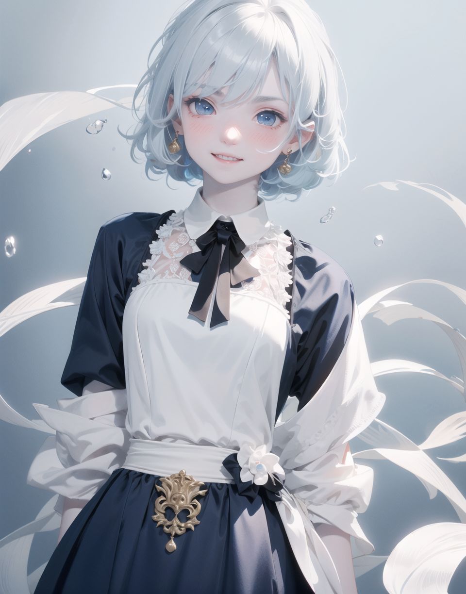 Innocent and charming 16-year-old, 
((((half-human daughter,))))
(((((Pale blue skin,)))))

Innocent, youthful expression, gentle smile, 
blushed soft cheeks, shy demeanour,

Idol-like smile,

Red eyes shining with purity,
Stylish short cut, delicate flow of hair,
dark blue costume, white hair,