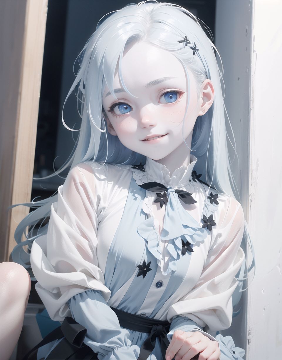 Innocent and charming 16-year-old, 
((((half-human daughter,))))
(((((Pale blue skin,)))))

Innocent, youthful expression, gentle smile, 
soft cheeks, shy demeanour,

Idol-like smile,

Red eyes shining with purity,
Stylish short cut, delicate flow of hair,
dark blue costume, white hair,