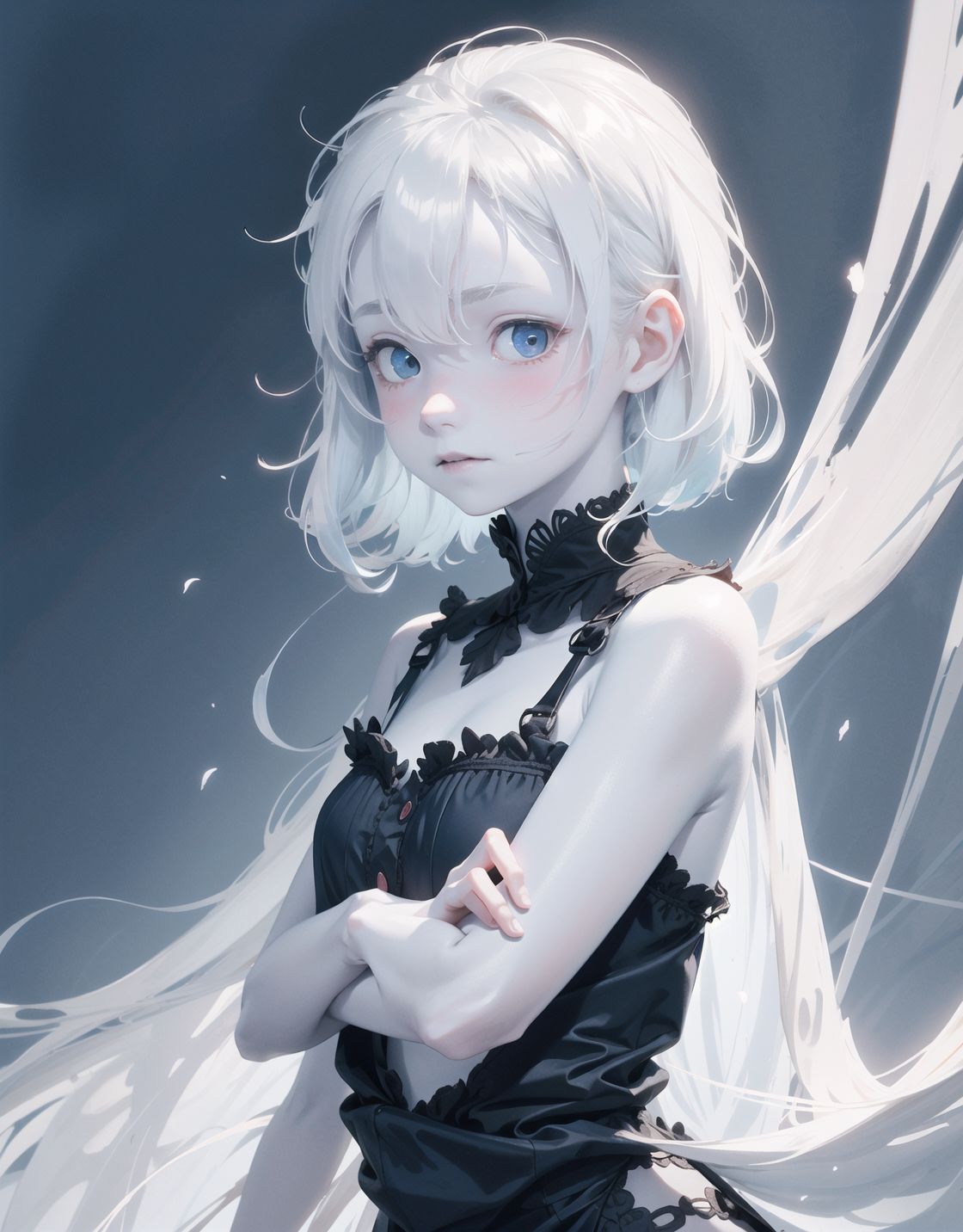 Innocent and charming 16-year-old, 
((((half-human daughter,))))
(((((Pale blue skin,)))))

Frail, ephemeral, shy, innocent, shy, sweet, sensitive,
soft cheeks, shy demeanour,

Slight smile,

Red eyes shining with purity,
Stylish short cut, delicate flow of hair,
dark blue costume, white hair,