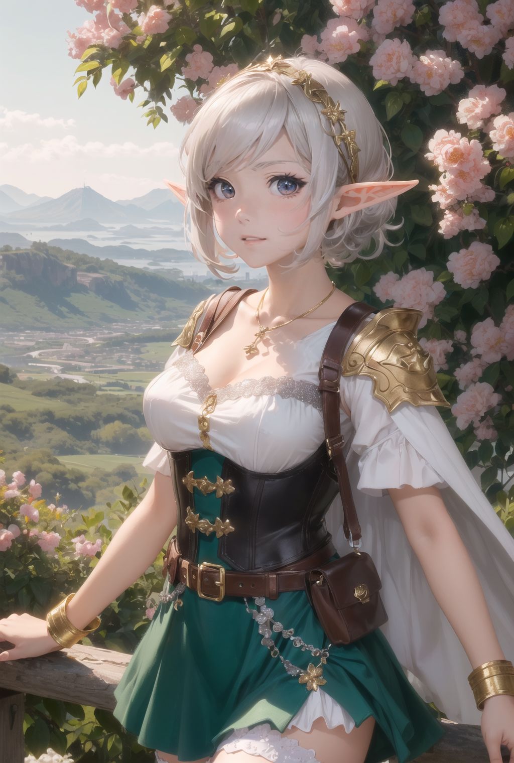 (Come on, let's paint this charming 16-year-old elf girl in detail! Represent her with more charm than flowers around her, and dedicate your time and effort to her:1.9),
She smiles, raising corners of her mouth and showing a few front teeth, with pouty lips and slightly drooping eyes epitomizing cuteness.
She is attractive 16-year-old elf warrior girl in japanese anime style, standing on mountaintop.

She stands bravely with long sword at her back.

The setting is a plain at the top of a mountain, with a wide white sea of clouds in the background.
The rising sun, tinged with the purple tones of dawn and the soft light tones of the morning sun, illuminates creating a narrative impression
Her expression is one of determination and courage, with silver hair and elven features contrasting with the dark, ominous surroundings.

She is poised and graceful in her luxurious armor, which gleams in twilight.
(She has idol-like kawaii face:1.5), with dark green eyes, and (silver hair in a stylish short cut with a delicate flow:1.6),
She wears silver hairpiece, green blouse with ruffled neckline, brown corset top with gold cross-stitching, dark brown underbust corset with gold buckles, emerald green cape with gold brooch shoulder clasp, leaf-shaped shoulder straps with gold trim, green fabric wrist cuffs, a forest green multi-layered skirt with gold trim, leather utility belt with a pouch, brown folding boots, and contrasting dark and light green accessories.
She also has a necklace, bracelet, and an intricate gold armband on her upper arm.

Her stance is powerful and brave, yet youthful and graceful, embodying ideal blend of innocence and glamour.
low angle emphasizes her cuteness and highlights the delicate textures of her hair and clothing.
Natural light casts soft shadows and highlights the youthful contours of her face, bringing her into sharp focus.
The shallow depth of field of the 50mm f/1.2 lens creates a beautiful depth-of-field blur that keeps her face in focus, with high-resolution, detailed graphics, vibrant colors, and professional quality.
Ultra-high resolution captures every detail, from individual strands of hair to the intricate fabric of her costume.
Professional clarity and contrast bring vibrant colors to life.