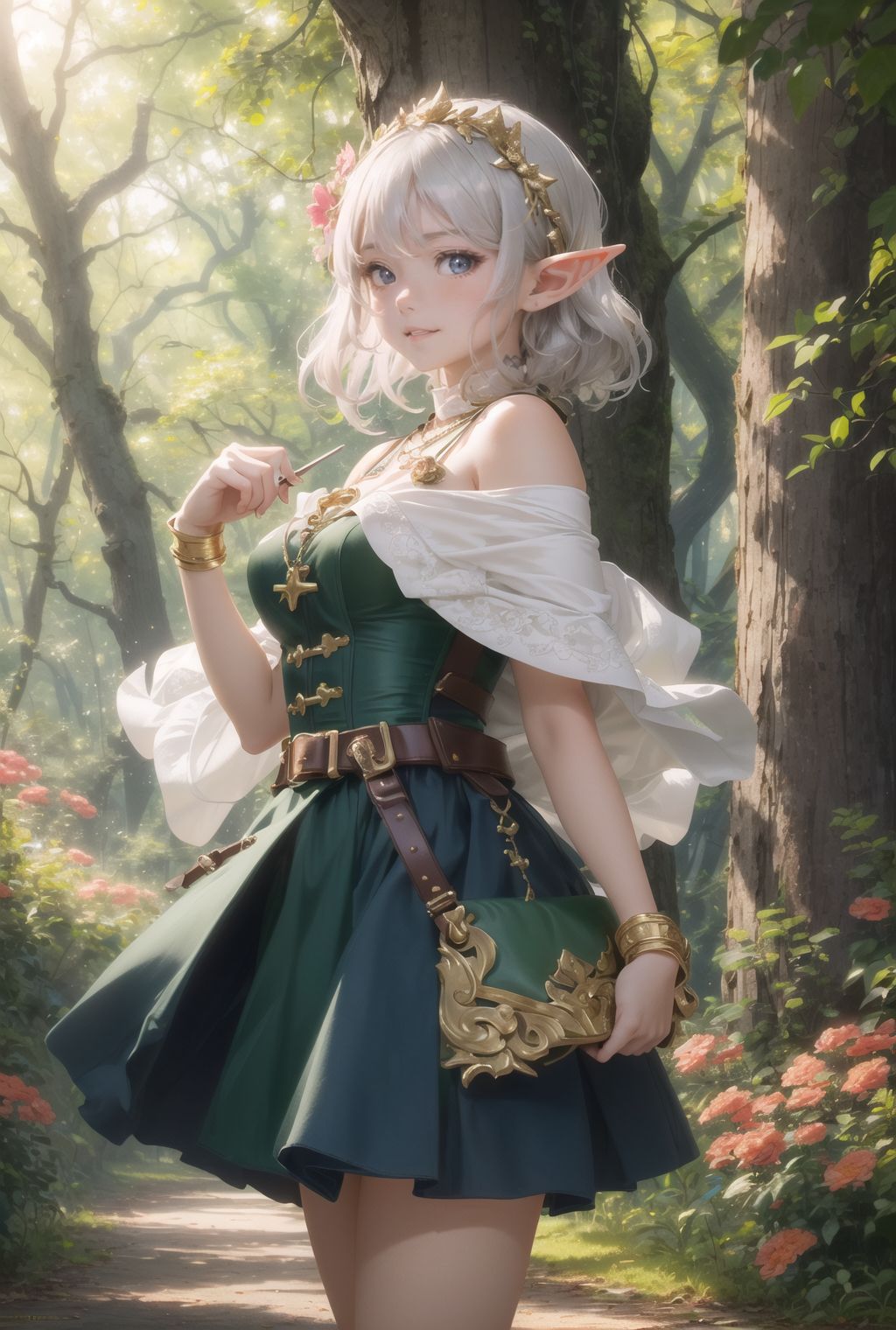 (Come on, let's paint this charming 16-year-old elf girl in detail! Represent her with more charm than flowers around her, and dedicate your time and effort to her:1.9), She smiles, raising corners of her mouth and showing a few front teeth, with pouty lips and slightly drooping eyes epitomizing cuteness. She is an attractive 16-year-old elf warrior girl in Japanese anime style, standing in a lush, enchanted forest at dawn. She stands bravely with a long sword at her back. The setting is a dense forest with towering trees and shafts of morning sunlight filtering through the canopy, casting a magical glow. Her expression is one of determination and courage, with silver hair and elven features contrasting with the vibrant greens and browns of the forest. She is poised and graceful in her luxurious armor, which gleams in the morning light. She has an idol-like kawaii face:1.5, with dark green eyes, and silver hair in a stylish short cut with a delicate flow:1.6. She wears a silver hairpiece, green blouse with a ruffled neckline, brown corset top with gold cross-stitching, dark brown underbust corset with gold buckles, emerald green cape with a gold brooch shoulder clasp, leaf-shaped shoulder straps with gold trim, green fabric wrist cuffs, a forest green multi-layered skirt with gold trim, leather utility belt with a pouch, brown folding boots, and contrasting dark and light green accessories. She also has a necklace, bracelet, and an intricate gold armband on her upper arm. Her stance is powerful and brave, yet youthful and graceful, embodying the ideal blend of innocence and glamour. A low angle emphasizes her cuteness and highlights the delicate textures of her hair and clothing. Natural light casts soft shadows and highlights the youthful contours of her face, bringing her into sharp focus. The shallow depth of field of the 50mm f/1.2 lens creates a beautiful depth-of-field blur that keeps her face in focus, with high-resolution, detailed graphics, vibrant colors, and professional quality. Ultra-high resolution captures every detail, from individual strands of hair to the intricate fabric of her costume. Professional clarity and contrast bring vibrant colors to life.
