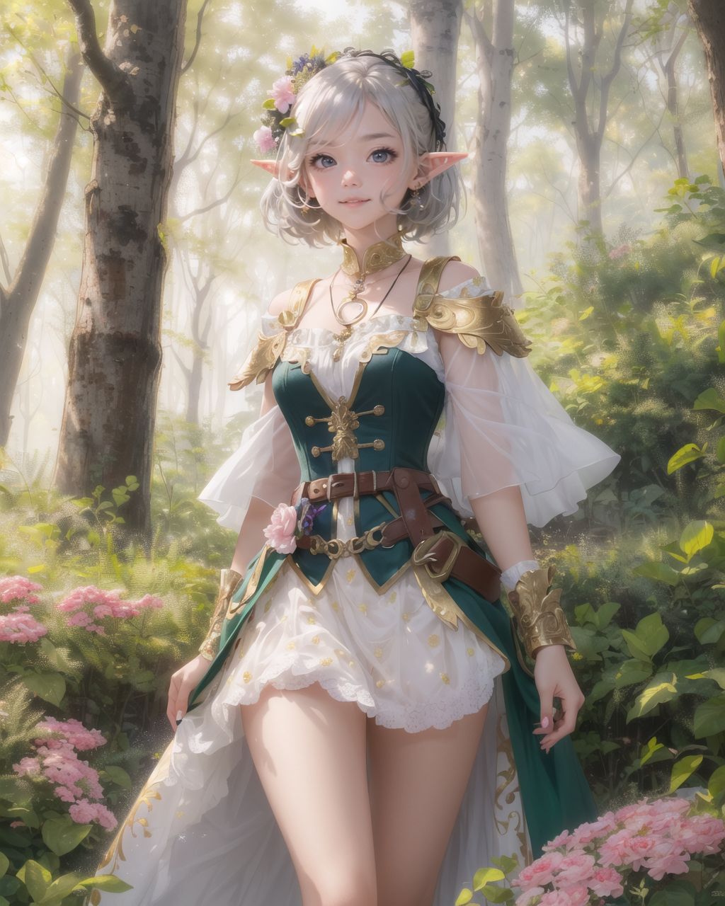 (Come on, let's paint this charming 16-year-old elf girl in detail! Represent her with more charm than flowers around her, and dedicate your time and effort to her:1.9),
She smiles, raising corners of her mouth and showing a few front teeth, with pouty lips and slightly drooping eyes epitomizing cuteness.
She is attractive 16-year-old elf warrior girl in japanese anime style, standing on mountaintop.

She stands bravely with long sword at her back.

The setting is a dense forest with towering trees reaching towards the sky. 
The morning sun shines through the thick canopy, casting a fantastic glow on the forest floor. 
Rays of sunlight filter through the leaves, creating dappled patterns of light and shadow. 
The air is filled with the fresh scent of pine and earth, and the gentle rustling of leaves is accompanied by the distant call of birds. 
A soft mist lingers near the ground, adding an ethereal quality to the scene. 
The vibrant greens of the foliage are highlighted by the golden hues of the sunlight, creating a serene and magical atmosphere,

She is poised and graceful in her luxurious armor, which gleams in twilight.
(She has idol-like kawaii face:1.5), with dark green eyes, and (silver hair in a stylish short cut with a delicate flow:1.6),
She wears silver hairpiece, green blouse with ruffled neckline, brown corset top with gold cross-stitching, dark brown underbust corset with gold buckles, emerald green cape with gold brooch shoulder clasp, leaf-shaped shoulder straps with gold trim, green fabric wrist cuffs, a forest green multi-layered skirt with gold trim, leather utility belt with a pouch, brown folding boots, and contrasting dark and light green accessories.
She also has a necklace, bracelet, and an intricate gold armband on her upper arm.

Her stance is powerful and brave, yet youthful and graceful, embodying ideal blend of innocence and glamour.
low angle emphasizes her cuteness and highlights the delicate textures of her hair and clothing.
Natural light casts soft shadows and highlights the youthful contours of her face, bringing her into sharp focus.
The shallow depth of field of the 50mm f/1.2 lens creates a beautiful depth-of-field blur that keeps her face in focus, with high-resolution, detailed graphics, vibrant colors, and professional quality.
Ultra-high resolution captures every detail, from individual strands of hair to the intricate fabric of her costume.
Professional clarity and contrast bring vibrant colors to life.