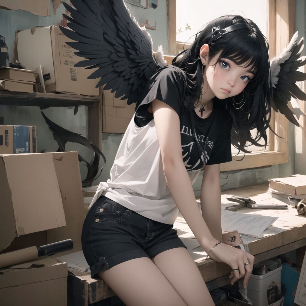 (Emo black angel: 1.5), angel ring and white feathers,
A girl is depicted in detail sitting in a cluttered room.
She is wearing a black T-shirt and shorts and has a lethargic expression on her face.
In the background are various notes and tools, as well as a bright yellow wall with a blue sky seen through the window, creating an ennui and chaotic atmosphere,