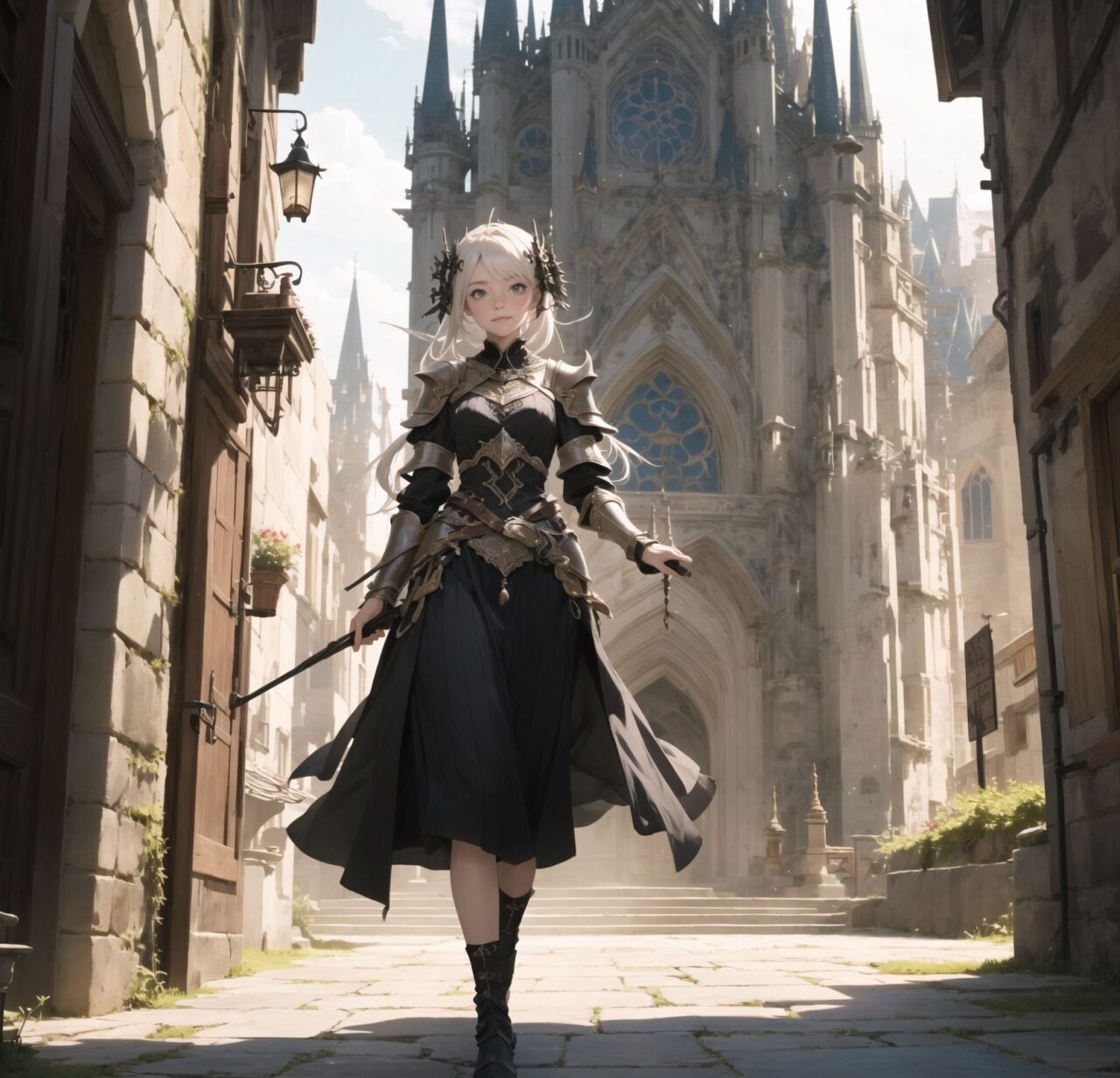 An elf girl in gothic fashion walks through the streets of an otherworldly adventure fantasy anime. 
The town is lined with inns, guild armor stores, and other stores typical of fantasy worlds. 
The girl's fashion is a wonderful Gothic fusion of traditional Elvish dress.
Their appearance is not merely a Gothic arrangement, but also incorporates an Elvish touch. 
This scene evokes the beauty of an otherworldly fantasy, combining historical charm and gothic elegance.