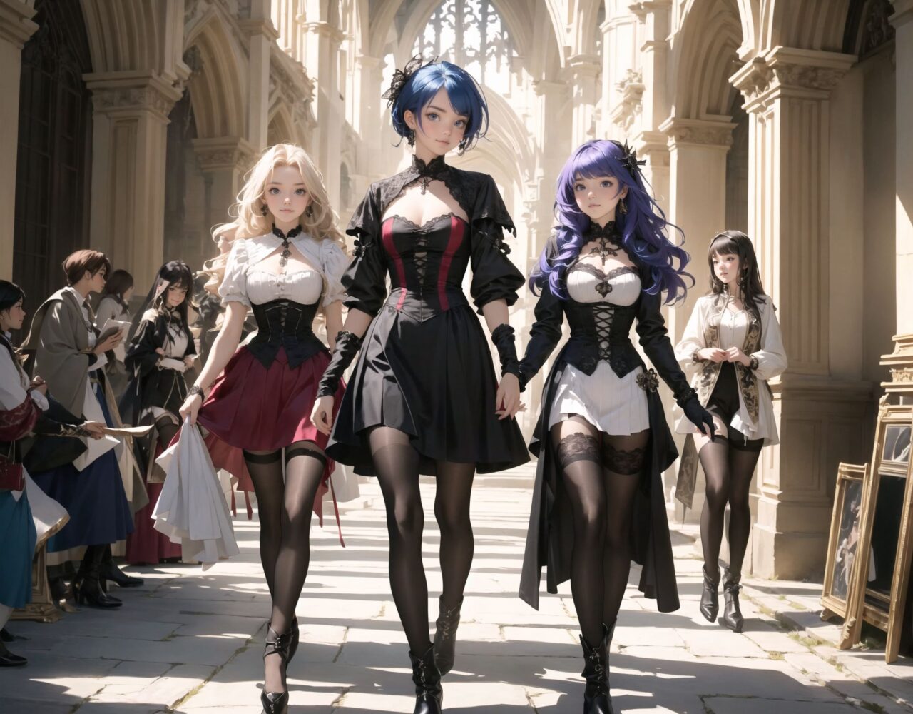 Four gothic fashion elf girls. 
Walking side by side through the streets of an otherworldly adventure fantasy anime,
The town is lined with inns, guild armor stores, and other stores typical of fantasy worlds. 
Each of the four girls has different character traits, with different hairstyles, hair colors, heights, and body lines.
Each has her own sense of fashion, and in addition to Gothic fashion, each has a different look so that her character is not covered by the others.

 

1. **Lilith**
?Long, silvery straight hair reaching down to her waist. She is tall and slender, with a slender body line. Her blue eyes shine coldly and her white skin gives off a bewitching allure. Her long black lace dress with silver accessories accentuates her gothic beauty.

2. **Elfi**
?She has short-cut purple hair and green eyes. Medium height, slightly muscular in body line. Wearing a black corset, red ruffled skirt and boots, she is both strong and pretty.

3.**Faria**
?She has wavy blonde hair and clear brown eyes. She is short and has a slender figure. She wears a black Victorian dress and antique gothic accessories, giving her an elegant and refined air.

4.**Noah**
?She has medium-length blue hair that flutters in the wind, and her eyes are purple. She is medium height with a feminine curve of her body. She wears a black leather jacket and mini skirt with net tights, enjoying a cool and stylish gothic fashion.

The background is a Gothic chapel.


This scene evokes the beauty of an otherworldly fantasy, combining historical charm and gothic elegance.