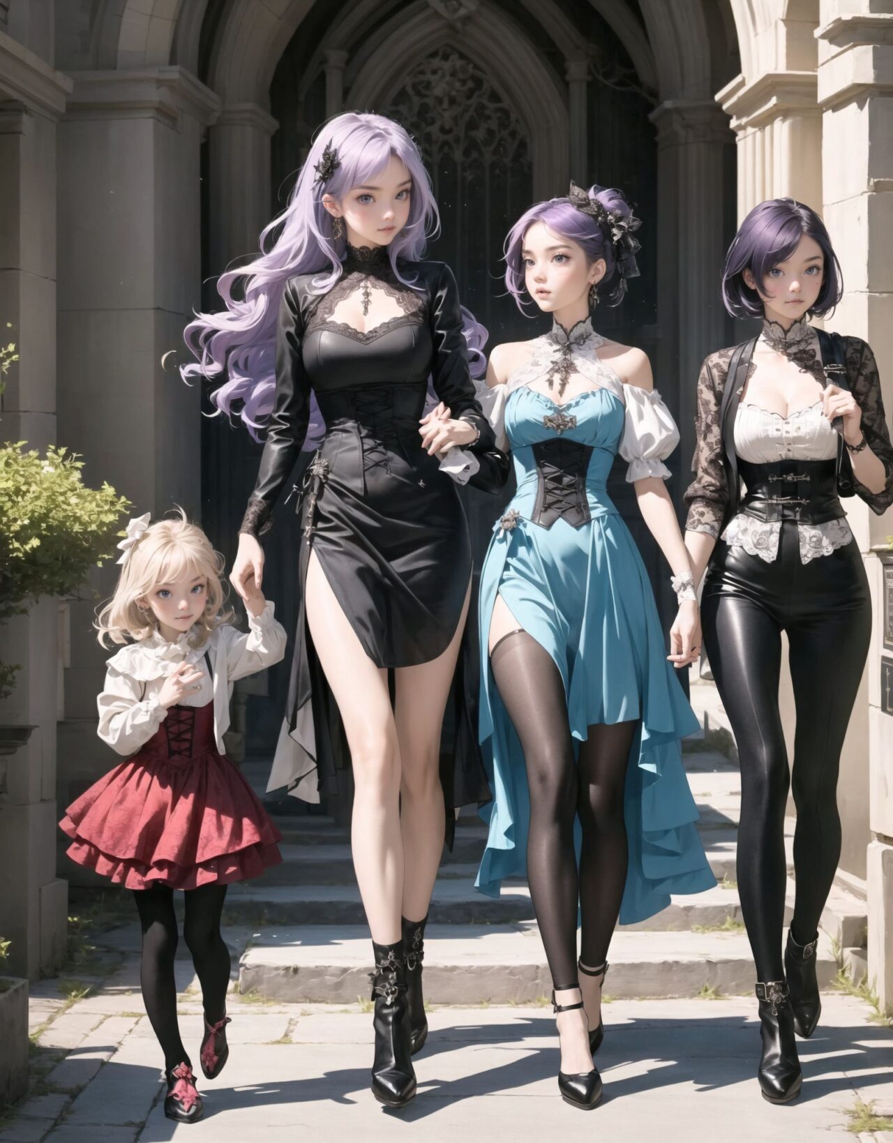 Four gothic fashion elf girls. 
Walking side by side through the streets of an otherworldly adventure fantasy anime,
The town is lined with inns, guild armor stores, and other stores typical of fantasy worlds. 
Each of the four girls has different character traits, with different hairstyles, hair colors, heights, and body lines.
Each has her own sense of fashion, and in addition to Gothic fashion, each has a different look so that her character is not covered by the others.

 

1. **Lilith**
?Long, silvery straight hair reaching down to her waist. She is tall and slender, with a slender body line. Her blue eyes shine coldly and her white skin gives off a bewitching allure. Her long black lace dress with silver accessories accentuates her gothic beauty.

2. **Elfi**
?She has short-cut purple hair and green eyes. Medium height, slightly muscular in body line. Wearing a black corset, red ruffled skirt and boots, she is both strong and pretty.

3.**Faria**
?She has wavy blonde hair and clear brown eyes. She is short and has a slender figure. She wears a black Victorian dress and antique gothic accessories, giving her an elegant and refined air.

4.**Noah**
?She has medium-length blue hair that flutters in the wind, and her eyes are purple. She is medium height with a feminine curve of her body. She wears a black leather jacket and mini skirt with net tights, enjoying a cool and stylish gothic fashion.

The background is a Gothic chapel.


This scene evokes the beauty of an otherworldly fantasy, combining historical charm and gothic elegance.