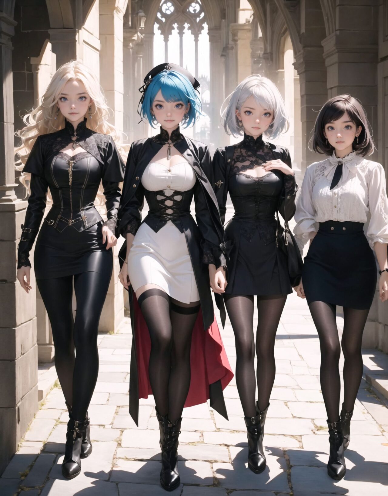 Four gothic fashion elf girls. 
Walking side by side through the streets of an otherworldly adventure fantasy anime,
The town is lined with inns, guild armor stores, and other stores typical of fantasy worlds. 
Each of the four girls has different character traits, with different hairstyles, hair colors, heights, and body lines.
Each has her own sense of fashion, and in addition to Gothic fashion, each has a different look so that her character is not covered by the others.

 

1. **Lilith**
?Long, silvery straight hair reaching down to her waist. She is tall and slender, with a slender body line. Her blue eyes shine coldly and her white skin gives off a bewitching allure. Her long black lace dress with silver accessories accentuates her gothic beauty.

2. **Elfi**
?She has short-cut purple hair and green eyes. Medium height, slightly muscular in body line. Wearing a black corset, red ruffled skirt and boots, she is both strong and pretty.

3.**Faria**
?She has wavy blonde hair and clear brown eyes. She is short and has a slender figure. She wears a black Victorian dress and antique gothic accessories, giving her an elegant and refined air.

4.**Noah**
?She has medium-length blue hair that flutters in the wind, and her eyes are purple. She is medium height with a feminine curve of her body. She wears a black leather jacket and mini skirt with net tights, enjoying a cool and stylish gothic fashion.

The background is a Gothic chapel.


This scene evokes the beauty of an otherworldly fantasy, combining historical charm and gothic elegance.