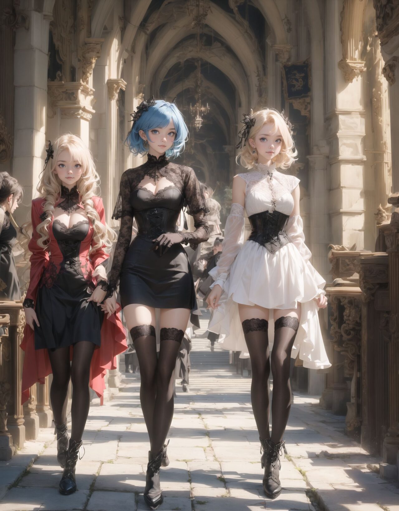 Four gothic fashion elf girls.
Walking side by side through the streets of an otherworldly adventure fantasy anime,
The town is lined with inns, guild armor stores, and other stores typical of fantasy worlds.
Each of the four girls has different character traits, with different hairstyles, hair colors, heights, and body lines.
Each has her own sense of fashion, and in addition to Gothic fashion, each has a different look so that her character is not covered by the others.



1. **Lilith**
Long, silvery straight hair reaching down to her waist. She is tall and slender, with a slender body line. Her blue eyes shine coldly and her white skin gives off a bewitching allure. Her long black lace dress with silver accessories accentuates her gothic beauty.

2. **Elfi**
She has short-cut purple hair and green eyes. Medium height, slightly muscular in body line. Wearing a black corset, red ruffled skirt and boots, she is both strong and pretty.

3.**Faria**
She has wavy blonde hair and clear brown eyes. She is short and has a slender figure. She wears a black Victorian dress and antique gothic accessories, giving her an elegant and refined air.

4.**Noah**
She has medium-length blue hair that flutters in the wind, and her eyes are purple. She is medium height with a feminine curve of her body. She wears a black leather jacket and mini skirt with net tights, enjoying a cool and stylish gothic fashion.

The background is a Gothic chapel.


This scene evokes the beauty of an otherworldly fantasy, combining historical charm and gothic elegance.