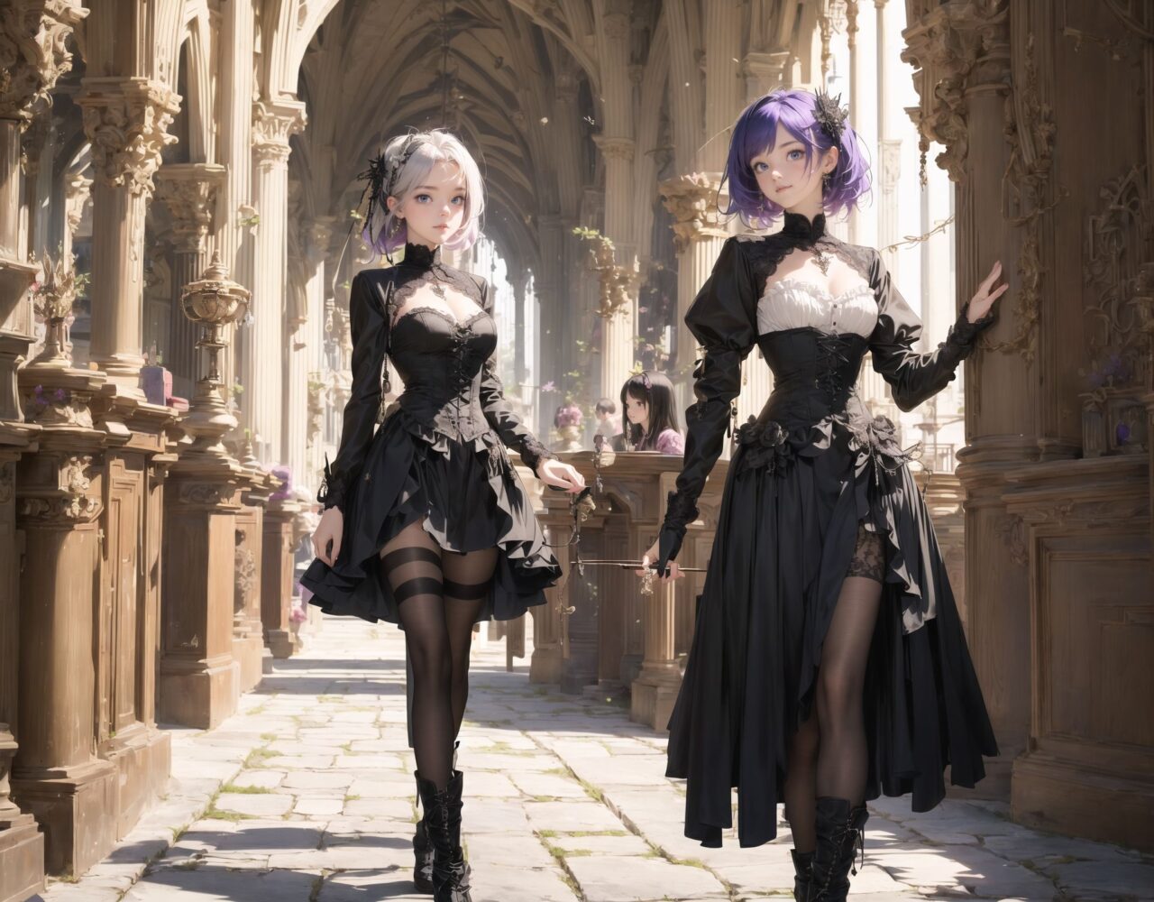 ten gothic fashion elf girls.
Walking side by side through the streets of an otherworldly adventure fantasy anime,
The town is lined with inns, guild armor stores, and other stores typical of fantasy worlds.
Each of the four girls has different character traits, with different hairstyles, hair colors, heights, and body lines.
Each has her own sense of fashion, and in addition to Gothic fashion, each has a different look so that her character is not covered by the others.



1. **Lilith**
Long, silvery straight hair reaching down to her waist. She is tall and slender, with a slender body line. Her blue eyes shine coldly and her white skin gives off a bewitching allure. Her long black lace dress with silver accessories accentuates her gothic beauty.

2. **Elfi**
She has short-cut purple hair and green eyes. Medium height, slightly muscular in body line. Wearing a black corset, red ruffled skirt and boots, she is both strong and pretty.

3.**Faria**
She has wavy blonde hair and clear brown eyes. She is short and has a slender figure. She wears a black Victorian dress and antique gothic accessories, giving her an elegant and refined air.

4.**Noah**
She has medium-length blue hair that flutters in the wind, and her eyes are purple. She is medium height with a feminine curve of her body. She wears a black leather jacket and mini skirt with net tights, enjoying a cool and stylish gothic fashion.

The background is a Gothic chapel.


This scene evokes the beauty of an otherworldly fantasy, combining historical charm and gothic elegance.