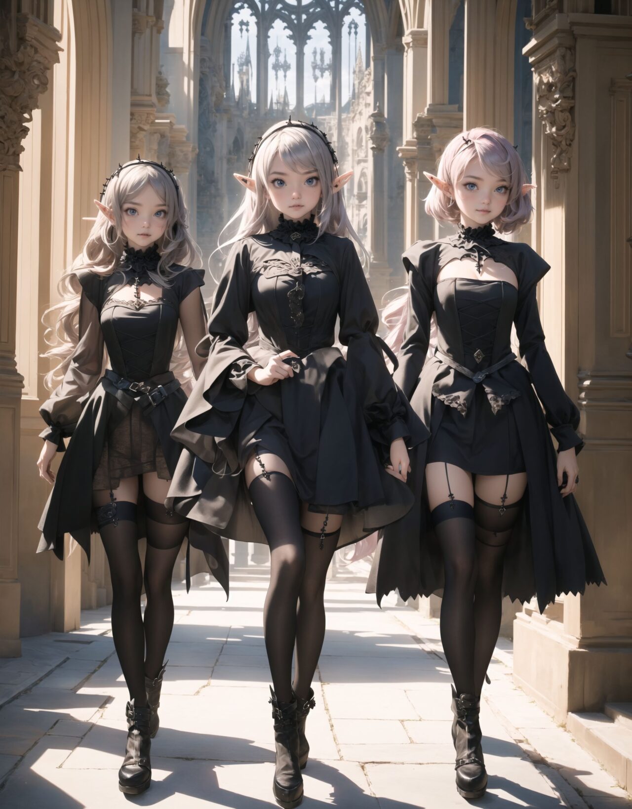 (Four gothic fashion elf girls:1.8), 
Walking side by side through the streets of an otherworldly adventure fantasy anime,
The town is lined with inns, guild armor stores, and other stores typical of fantasy worlds. 
Each of the four girls has different character traits, with different hairstyles, hair colors, heights, and body lines.
Each has her own sense of fashion, and in addition to Gothic fashion, each has a different look so that her character is not covered by the others.

 

1. **Lilith**
?Long, silvery straight hair reaching down to her waist. She is tall and slender, with a slender body line. Her blue eyes shine coldly and her white skin gives off a bewitching allure. Her long black lace dress with silver accessories accentuates her gothic beauty.

2. **Elfi**
?She has short-cut purple hair and green eyes. Medium height, slightly muscular in body line. Wearing a black corset, red ruffled skirt and boots, she is both strong and pretty.

3.**Faria**
?She has wavy blonde hair and clear brown eyes. She is short and has a slender figure. She wears a black Victorian dress and antique gothic accessories, giving her an elegant and refined air.

4.**Noah**
?She has medium-length blue hair that flutters in the wind, and her eyes are purple. She is medium height with a feminine curve of her body. She wears a black leather jacket and mini skirt with net tights, enjoying a cool and stylish gothic fashion.

The background is a Gothic chapel.
Numerous stained glass windows illuminate the interior with religious-inspired, ultra-colorful brilliance.


This scene evokes the beauty of an otherworldly fantasy, combining historical charm and gothic elegance.

The low angle emphasises her kawaii and highlights the fine textures of her hair and clothes, 
Natural light casts soft shadows and highlights the contours of her youthful face, 

face in focus, 
High resolution, detailed graphics, 
vivid colors, professional quality,





Ultra-high resolution, capturing every detail from individual strands of hair to the intricate fabrics of her costume,
Professional-grade clarity and contrast bring the vibrant colours to life,