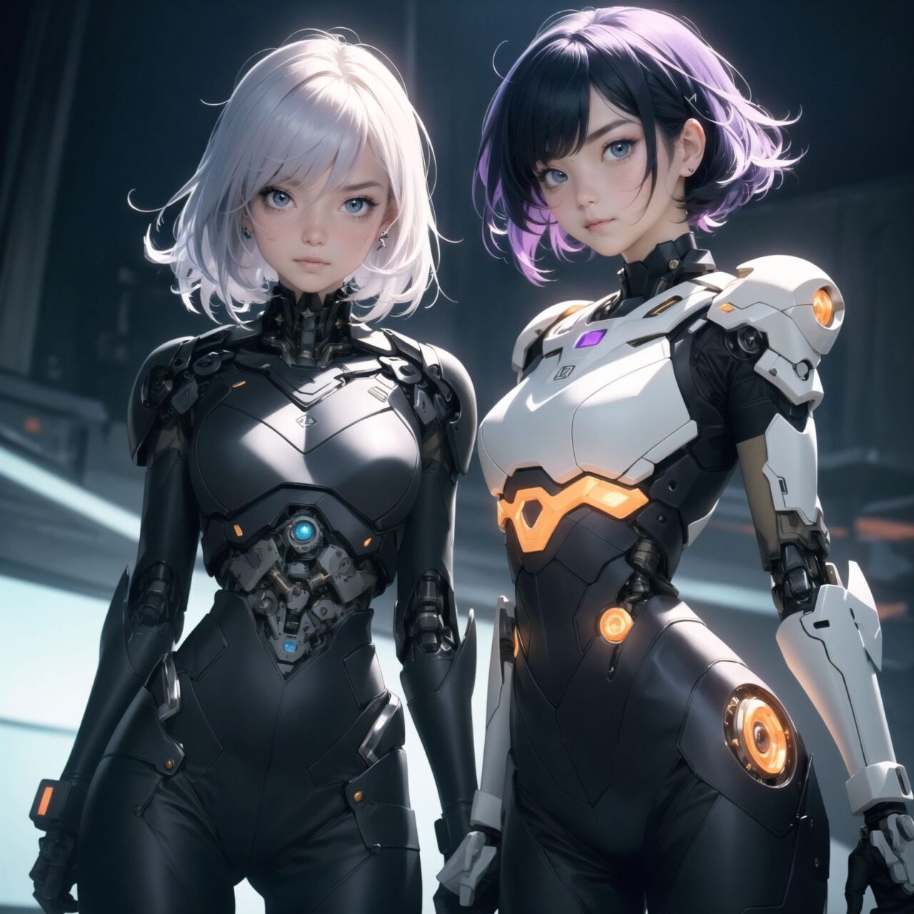 Two cyborg girls, facing the camera, cowboy shot (from waist up),
one girl with flowing lavender hair, adorned with small metallic ornaments, wearing a sleek silver bodysuit with glowing blue circuitry, her left arm fully mechanical with intricate gears and lights, her eyes a vibrant amber, soft smile, delicate features, 

the other girl with short teal hair, spiked and edgy, wearing a black and red armored vest, exposed mechanical shoulder and upper arm with visible pistons and servos, her eyes a striking violet, serious expression, confident stance, 

soft and even lighting, high detail capturing the textures of their hair and clothing, ultra-high resolution, professional clarity and contrast, anime-style, 4K quality, emphasizing their unique characteristics and expressions