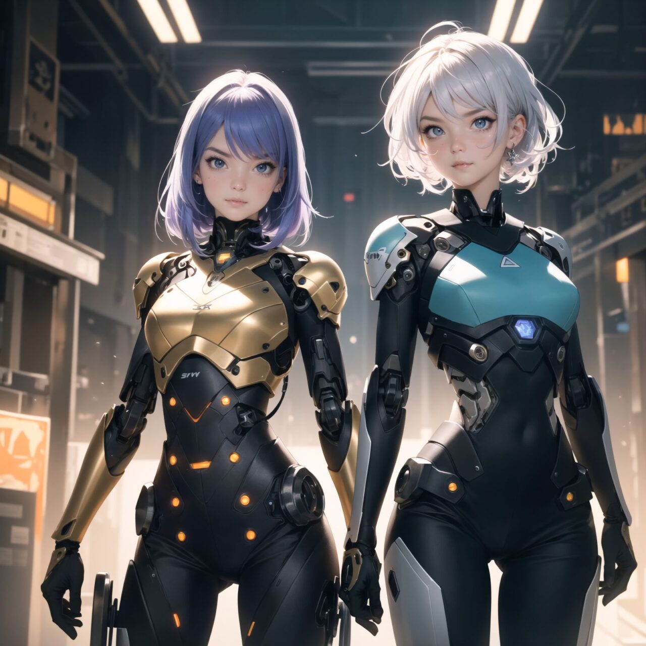 Two cyborg girls, facing the camera, cowboy shot (from waist up),
one girl with flowing lavender hair, adorned with small metallic ornaments, wearing a sleek silver bodysuit with glowing blue circuitry, her left arm fully mechanical with intricate gears and lights, her eyes a vibrant amber, soft smile, delicate features, 

the other girl with short teal hair, spiked and edgy, wearing a black and red armored vest, exposed mechanical shoulder and upper arm with visible pistons and servos, her eyes a striking violet, serious expression, confident stance, 

soft and even lighting, high detail capturing the textures of their hair and clothing, ultra-high resolution, professional clarity and contrast, anime-style, 4K quality, emphasizing their unique characteristics and expressions