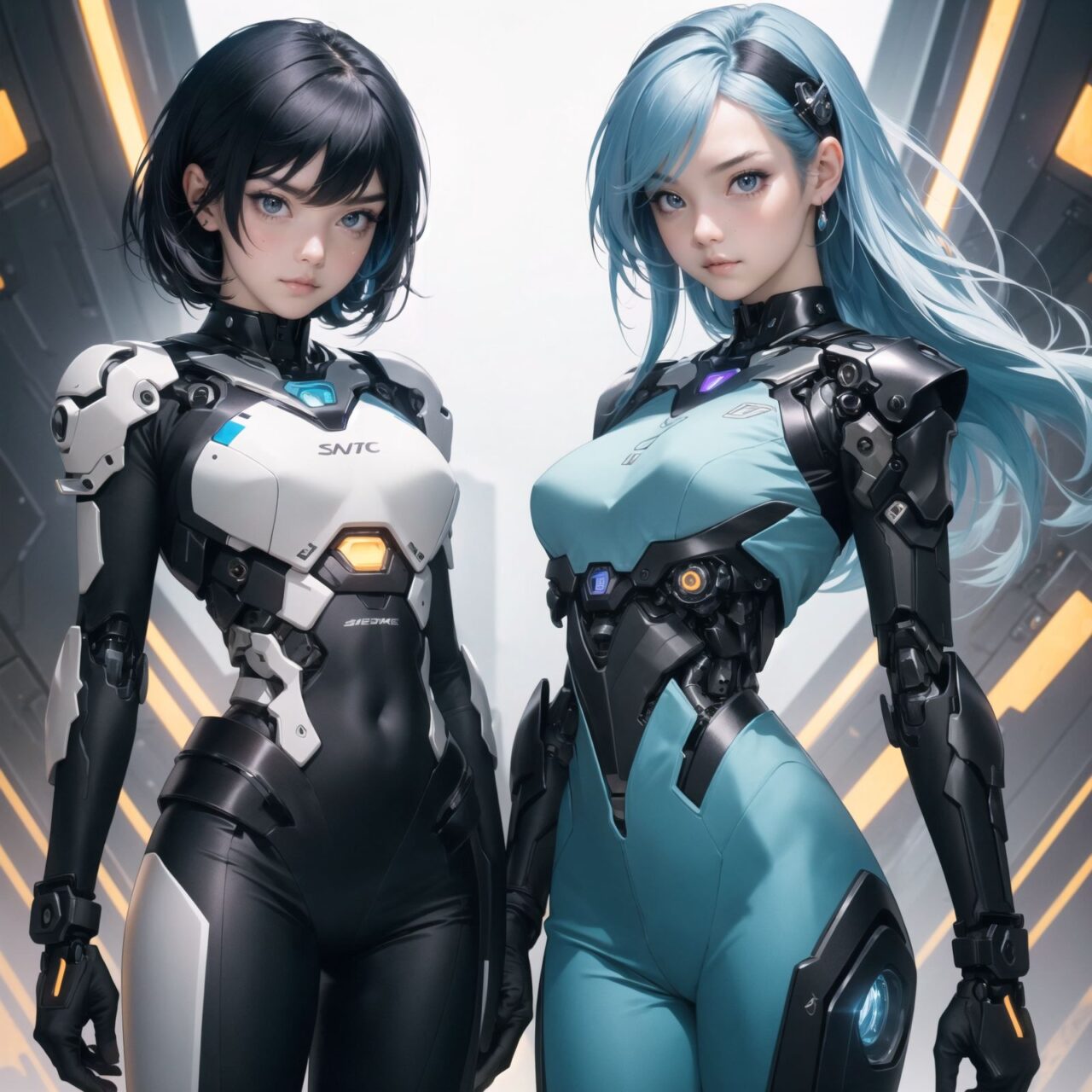 Two cyborg girls, facing the camera, cowboy shot (from waist up),
one girl with flowing lavender hair, adorned with small metallic ornaments, wearing a sleek silver bodysuit with glowing blue circuitry, her left arm fully mechanical with intricate gears and lights, her eyes a vibrant amber, soft smile, delicate features, 

the other girl with short teal hair, spiked and edgy, wearing a black and red armored vest, exposed mechanical shoulder and upper arm with visible pistons and servos, her eyes a striking violet, serious expression, confident stance, 

soft and even lighting, high detail capturing the textures of their hair and clothing, ultra-high resolution, professional clarity and contrast, anime-style, 4K quality, emphasizing their unique characteristics and expressions