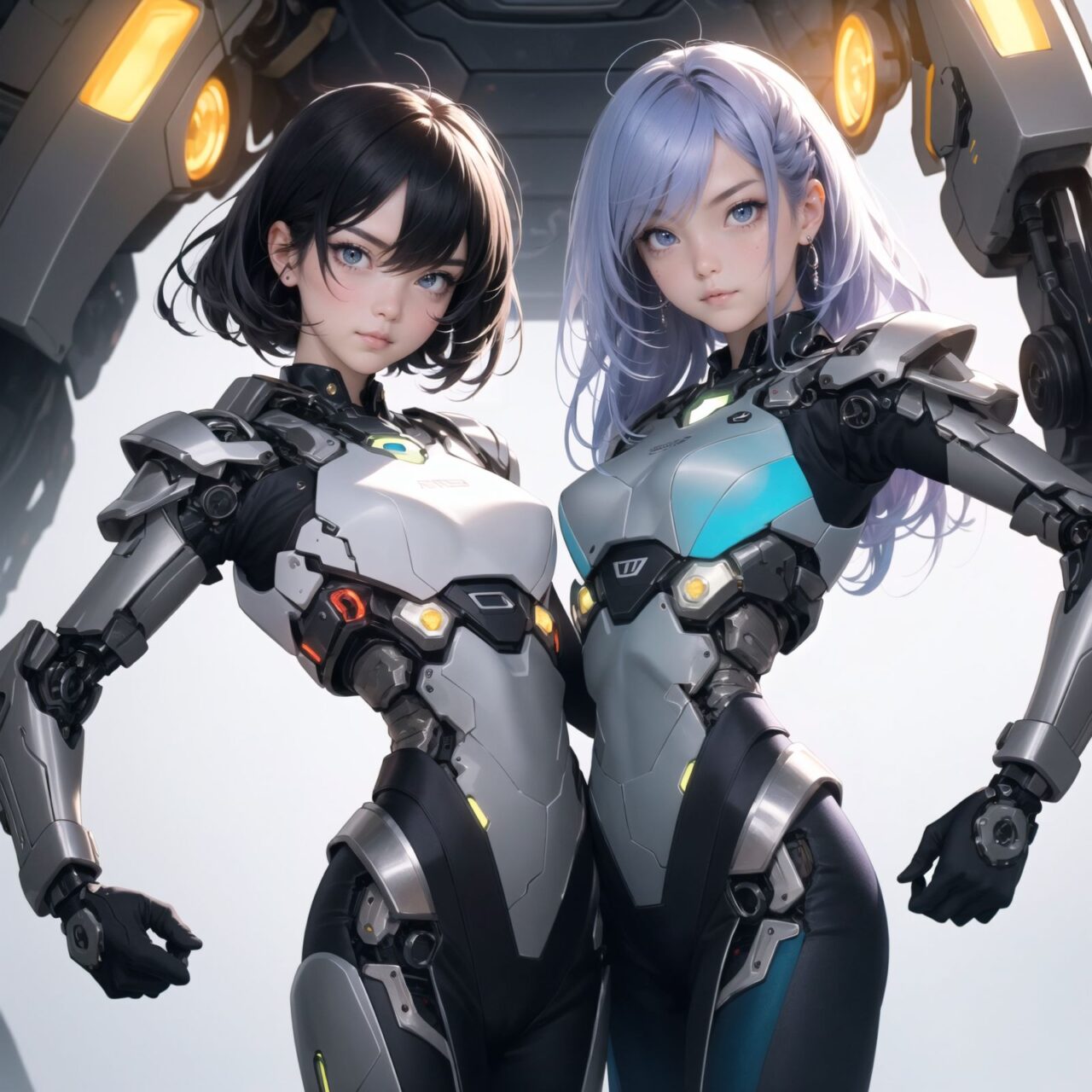 Two cyborg girls, facing the camera, cowboy shot (from waist up),
one girl with flowing lavender hair, adorned with small metallic ornaments, wearing a sleek silver bodysuit with glowing blue circuitry, her left arm fully mechanical with intricate gears and lights, her eyes a vibrant amber, soft smile, delicate features, 

the other girl with short teal hair, spiked and edgy, wearing a black and red armored vest, exposed mechanical shoulder and upper arm with visible pistons and servos, her eyes a striking violet, serious expression, confident stance, 

soft and even lighting, high detail capturing the textures of their hair and clothing, ultra-high resolution, professional clarity and contrast, anime-style, 4K quality, emphasizing their unique characteristics and expressions