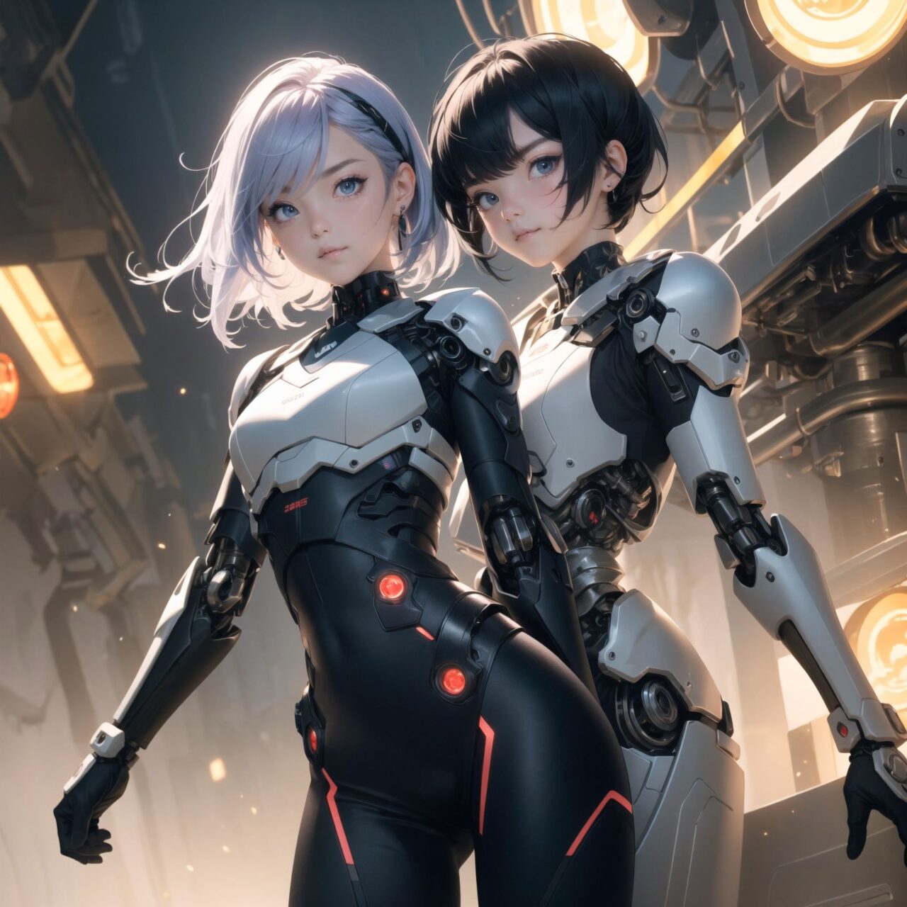 Two cyborg girls, facing the camera, cowboy shot (from waist up),
one girl with flowing lavender hair, adorned with small metallic ornaments, wearing a sleek silver bodysuit with glowing blue circuitry, her left arm fully mechanical with intricate gears and lights, her eyes a vibrant amber, soft smile, delicate features, 

the other girl with short teal hair, spiked and edgy, wearing a black and red armored vest, exposed mechanical shoulder and upper arm with visible pistons and servos, her eyes a striking violet, serious expression, confident stance, 

soft and even lighting, high detail capturing the textures of their hair and clothing, ultra-high resolution, professional clarity and contrast, anime-style, 4K quality, emphasizing their unique characteristics and expressions