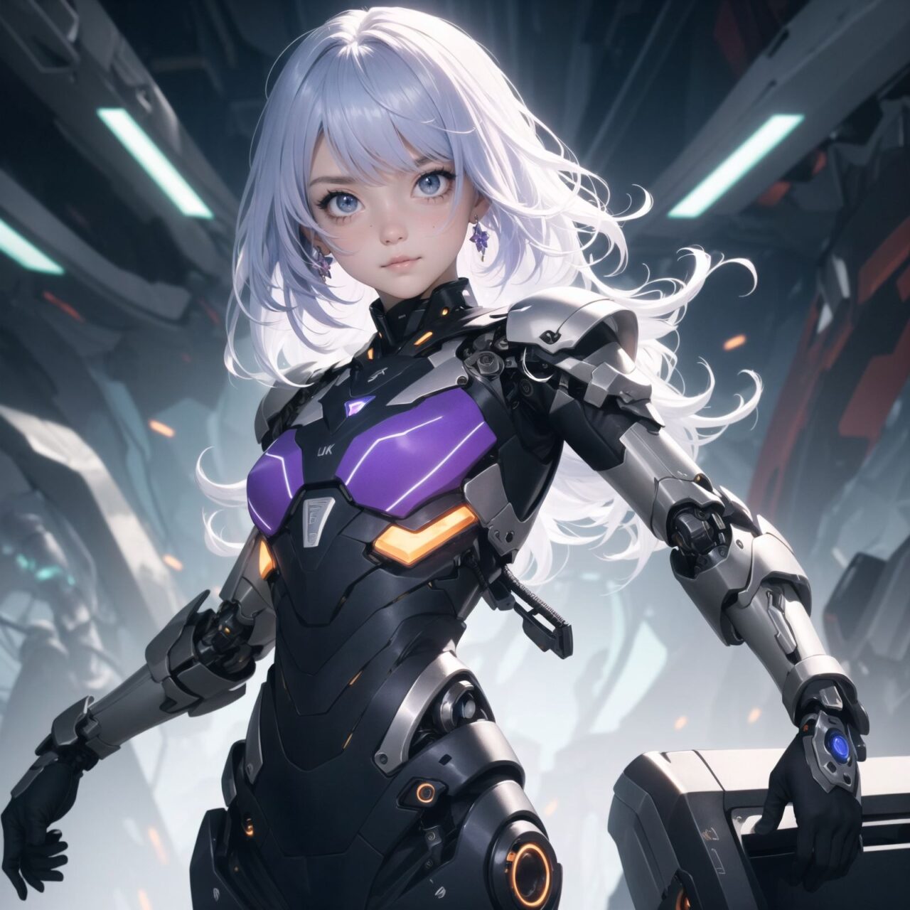 Two cyborg girls, facing the camera, cowboy shot (from waist up),
one girl with flowing lavender hair, adorned with small metallic ornaments, wearing a sleek silver bodysuit with glowing blue circuitry, her left arm fully mechanical with intricate gears and lights, her eyes a vibrant amber, soft smile, delicate features, 

the other girl with short teal hair, spiked and edgy, wearing a black and red armored vest, exposed mechanical shoulder and upper arm with visible pistons and servos, her eyes a striking violet, serious expression, confident stance, 

soft and even lighting, high detail capturing the textures of their hair and clothing, ultra-high resolution, professional clarity and contrast, anime-style, 4K quality, emphasizing their unique characteristics and expressions