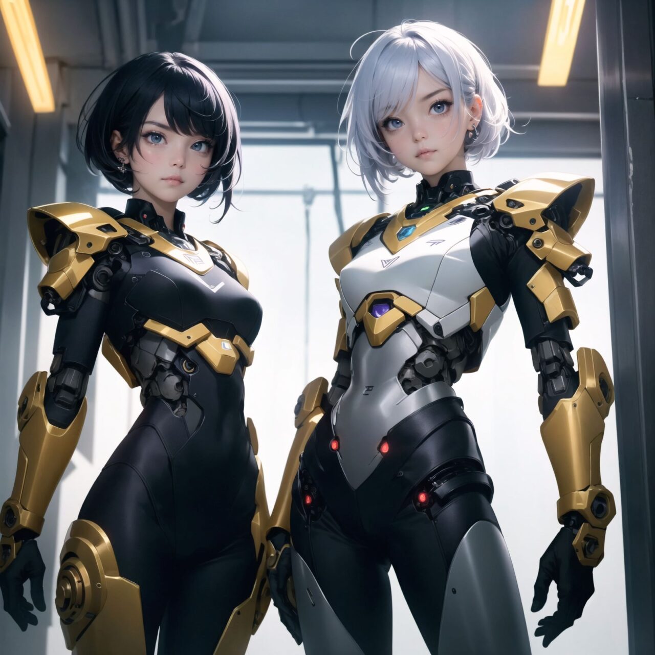 Two cyborg girls, facing the camera, cowboy shot (from waist up),
one girl with flowing lavender hair, adorned with small metallic ornaments, wearing a sleek silver bodysuit with glowing blue circuitry, her left arm fully mechanical with intricate gears and lights, her eyes a vibrant amber, soft smile, delicate features, 

the other girl with short teal hair, spiked and edgy, wearing a black and red armored vest, exposed mechanical shoulder and upper arm with visible pistons and servos, her eyes a striking violet, serious expression, confident stance, 

soft and even lighting, high detail capturing the textures of their hair and clothing, ultra-high resolution, professional clarity and contrast, anime-style, 4K quality, emphasizing their unique characteristics and expressions