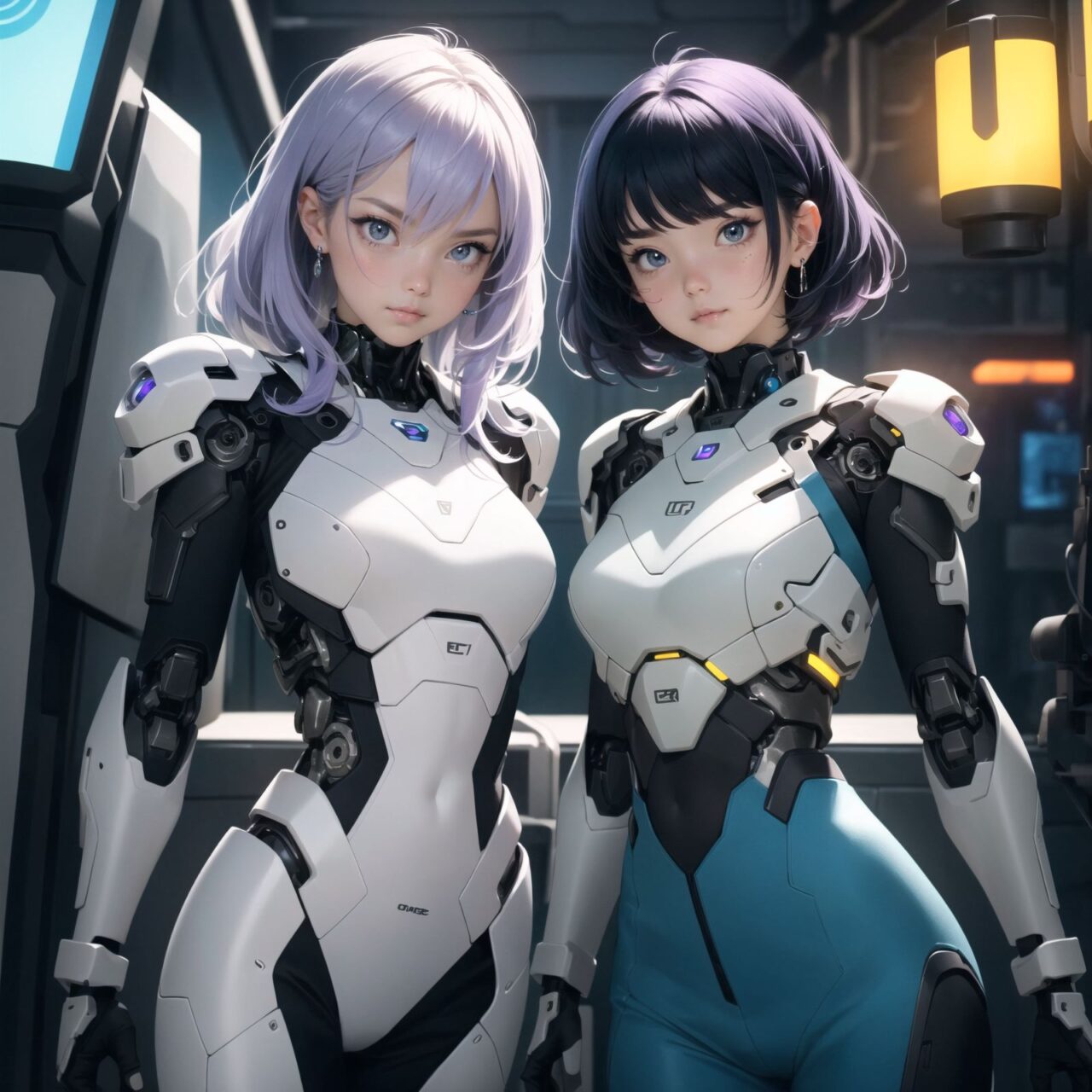 Two cyborg girls, facing the camera, cowboy shot (from waist up),
one girl with flowing lavender hair, adorned with small metallic ornaments, wearing a sleek silver bodysuit with glowing blue circuitry, her left arm fully mechanical with intricate gears and lights, her eyes a vibrant amber, soft smile, delicate features, 

the other girl with short teal hair, spiked and edgy, wearing a black and red armored vest, exposed mechanical shoulder and upper arm with visible pistons and servos, her eyes a striking violet, serious expression, confident stance, 

soft and even lighting, high detail capturing the textures of their hair and clothing, ultra-high resolution, professional clarity and contrast, anime-style, 4K quality, emphasizing their unique characteristics and expressions