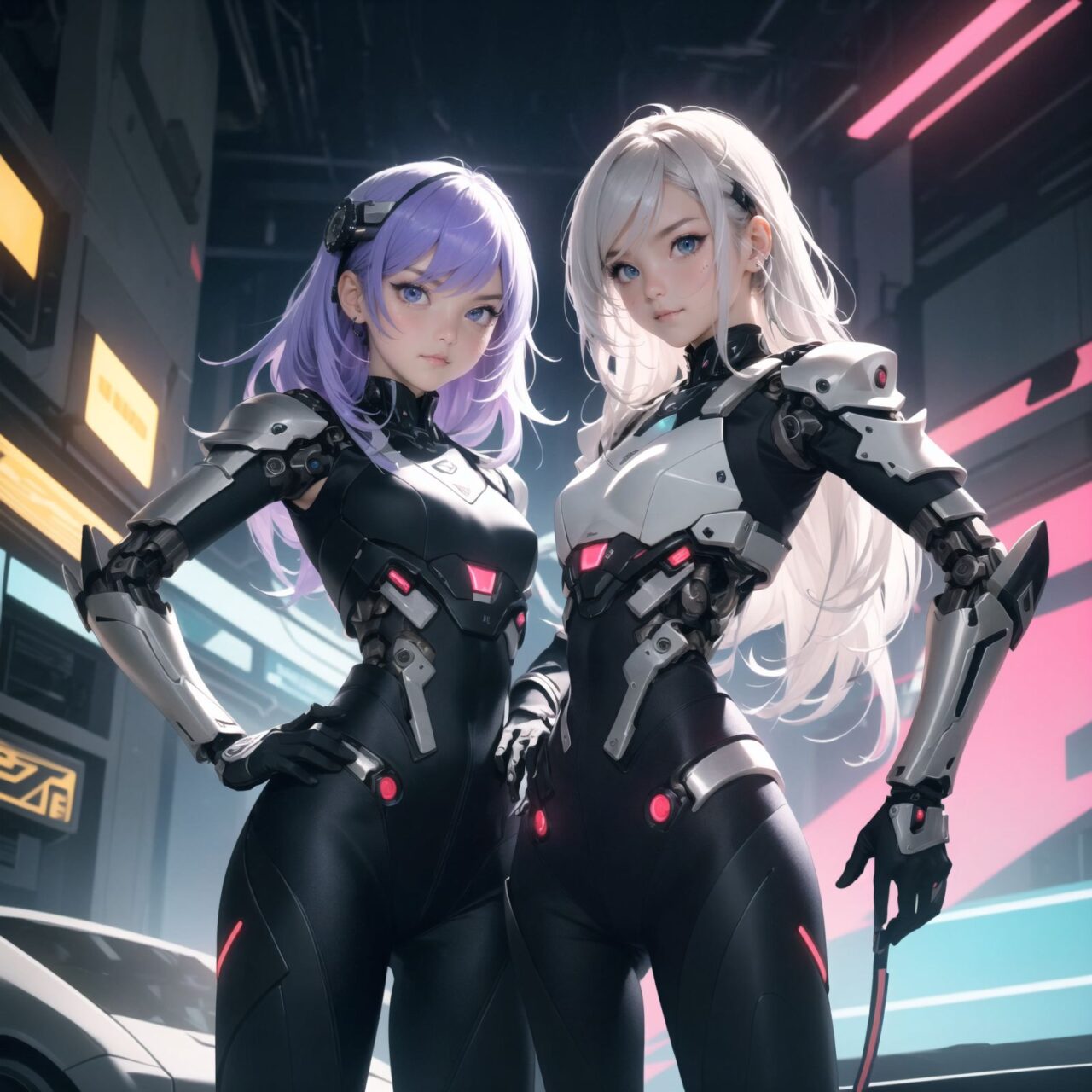 Two cyborg girls, facing the camera, cowboy shot (from waist up),
one girl with flowing lavender hair, adorned with small metallic ornaments, wearing a sleek silver bodysuit with glowing blue circuitry, her left arm fully mechanical with intricate gears and lights, her eyes a vibrant amber, soft smile, delicate features, 

the other girl with short teal hair, spiked and edgy, wearing a black and red armored vest, exposed mechanical shoulder and upper arm with visible pistons and servos, her eyes a striking violet, serious expression, confident stance, 

soft and even lighting, high detail capturing the textures of their hair and clothing, ultra-high resolution, professional clarity and contrast, anime-style, 4K quality, emphasizing their unique characteristics and expressions