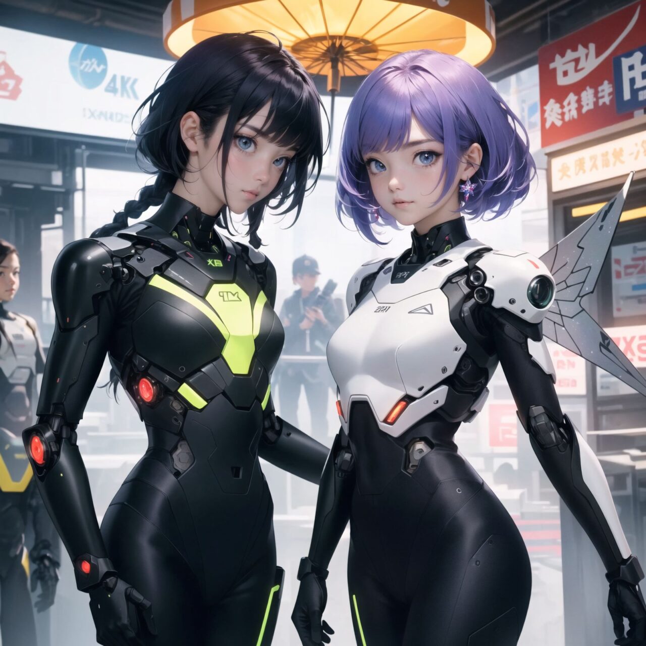 Two cyborg girls, facing the camera, cowboy shot (from waist up), 
one girl with long pink hair, braided with silver threads, wearing a sleek black bodysuit with neon accents, robotic arms with intricate designs, blue glowing eyes, playful smile, holding a small holographic device projecting a cute animal,

the other girl with short purple hair, styled in a futuristic bob, wearing a white and gold exoskeleton suit, her eyes a striking green with circuit patterns, serious expression, delicate robotic wings folded behind her, holding a staff with a floating crystal,

background of a bustling futuristic marketplace, vibrant neon lights, hovering vendor stalls, various alien and human customers, blending natural elements like hanging gardens and water features,

soft and dynamic lighting, high detail, capturing the textures of their hair and clothing, professional clarity, ultra-high resolution, 4K quality, anime-inspired visuals, emphasizing their unique characteristics and interactions