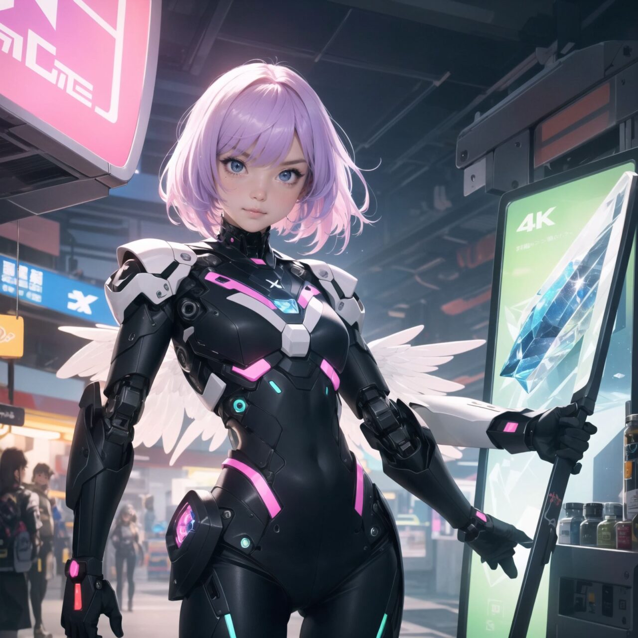 Two cyborg girls, facing the camera, cowboy shot (from waist up), 
one girl with long pink hair, braided with silver threads, wearing a sleek black bodysuit with neon accents, robotic arms with intricate designs, blue glowing eyes, playful smile, holding a small holographic device projecting a cute animal,

the other girl with short purple hair, styled in a futuristic bob, wearing a white and gold exoskeleton suit, her eyes a striking green with circuit patterns, serious expression, delicate robotic wings folded behind her, holding a staff with a floating crystal,

background of a bustling futuristic marketplace, vibrant neon lights, hovering vendor stalls, various alien and human customers, blending natural elements like hanging gardens and water features,

soft and dynamic lighting, high detail, capturing the textures of their hair and clothing, professional clarity, ultra-high resolution, 4K quality, anime-inspired visuals, emphasizing their unique characteristics and interactions
