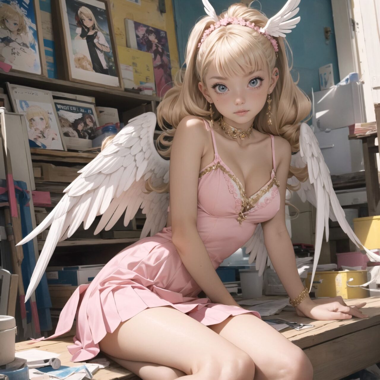 (white angel gyaru:1.5), padded with angel rings, symmetrical white wings, pink bangs and straight hair,
A girl is depicted in detail sitting in a cluttered room.
She has a lethargic look on her face.
In the background are various notes and tools, as well as a bright yellow wall with a blue sky seen through the window, giving the anime poster an ennui and chaotic atmosphere.