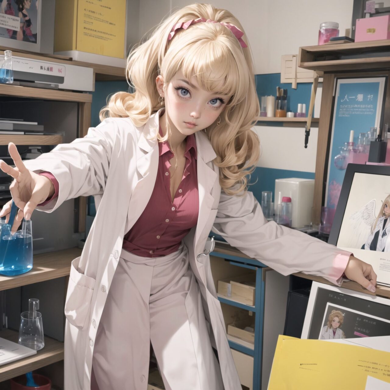 (lab coat angel gyaru:1.5), padded with angel rings, symmetrical white wings, pink bangs and straight hair,
A girl is depicted in detail sitting in a cluttered room.
She has a lethargic look on her face.
In the background are various notes and tools, as well as a bright yellow wall with a blue sky seen through the window, giving the anime poster an ennui and chaotic atmosphere.