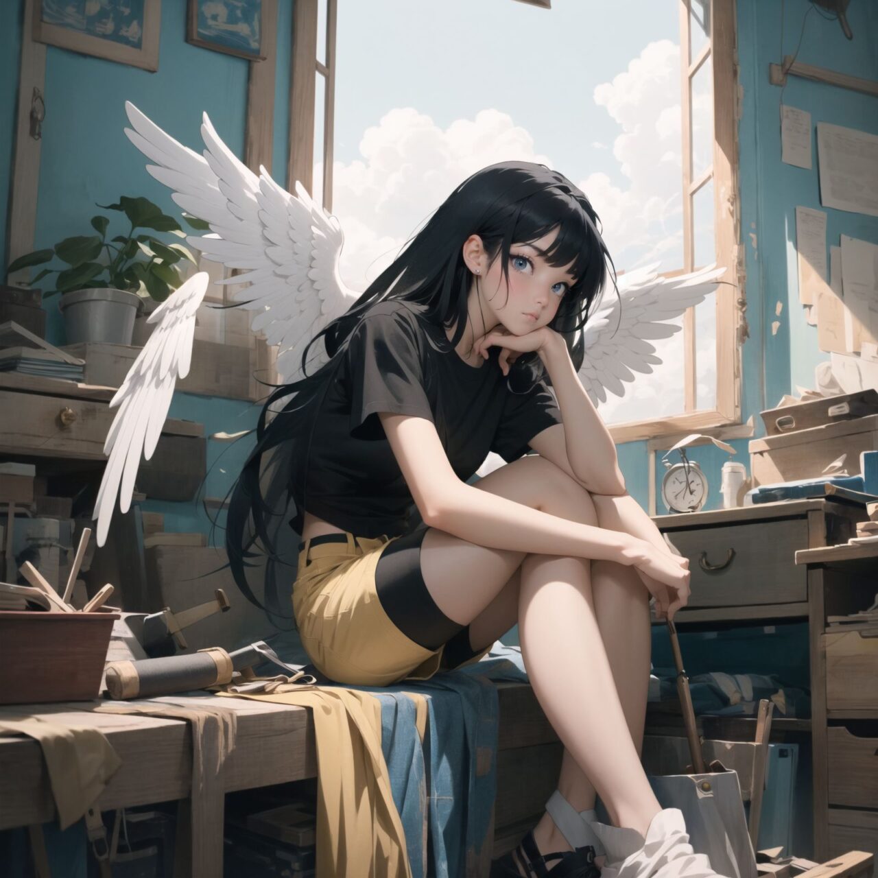 A detailed anime-style illustration of (an emo angel girl) with long black hair, sitting in a cluttered room. She is wearing a black t-shirt and shorts, with a listless expression. The background features various notes, tools, and a bright yellow wall with a blue sky visible through a window, creating a vibrant and eclectic atmosphere.