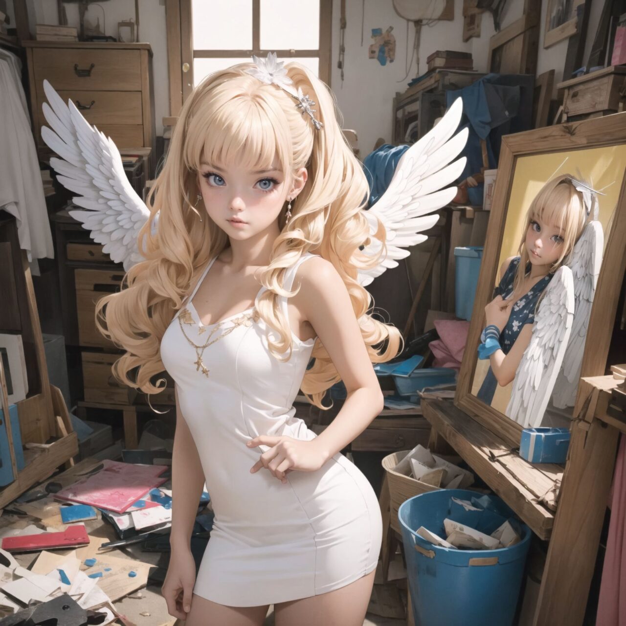 (white angel gyaru:1.5), padded with angel rings, symmetrical white wings, pink bangs and straight hair,
A girl is depicted in detail sitting in a cluttered room.
She has a lethargic look on her face.
In the background are various notes and tools, as well as a bright yellow wall with a blue sky seen through the window, giving the anime poster an ennui and chaotic atmosphere.