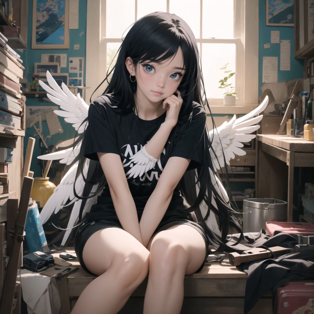 A detailed anime-style illustration of (an emo angel girl) with long black hair, sitting in a cluttered room. She is wearing a black t-shirt and shorts, with a listless expression. The background features various notes, tools, and a bright yellow wall with a blue sky visible through a window, creating a vibrant and eclectic atmosphere.