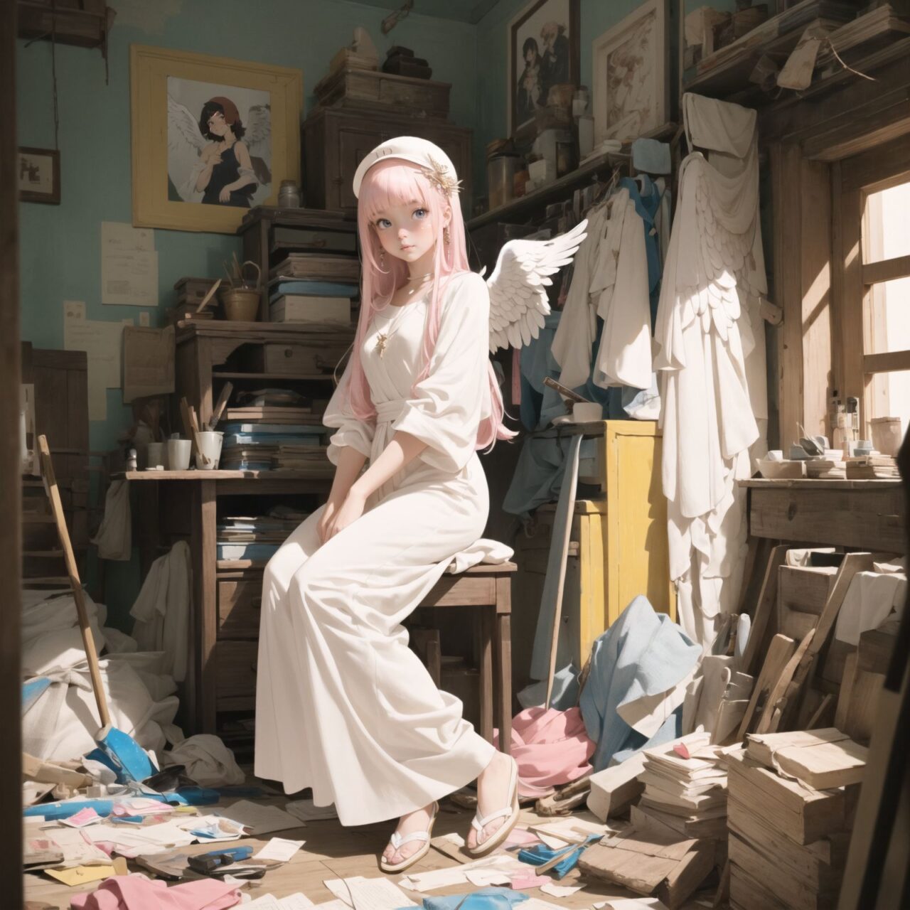 (Angel in white: 1.5), angel ring and white wings, pink bangs padded straight hair,
A girl is depicted in detail sitting in a cluttered room.
She has a lethargic look on her face.
In the background are various notes and tools, as well as a bright yellow wall with a blue sky seen through the window, giving the anime poster an ennui and chaotic atmosphere.