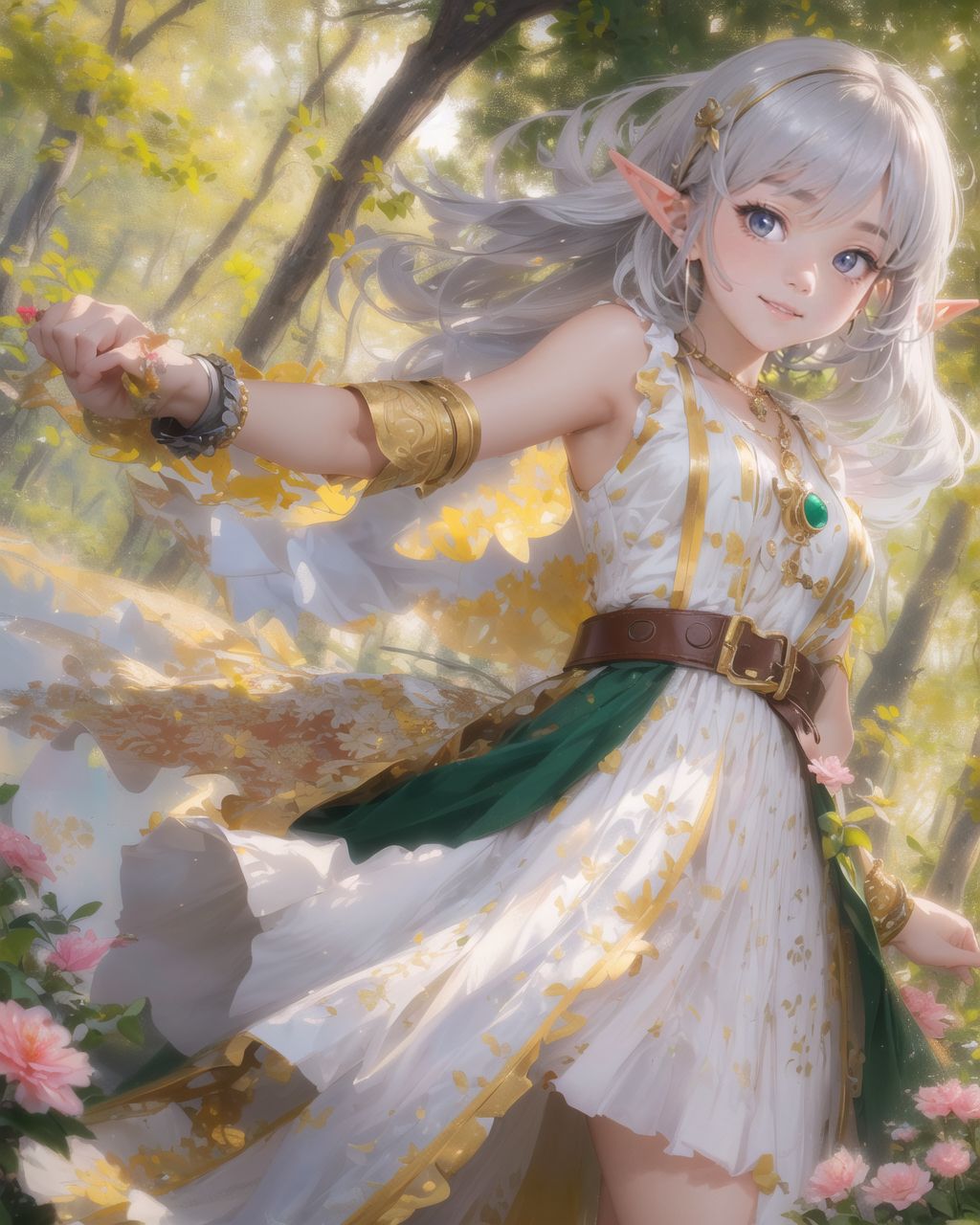 (Come on, let's paint this charming 16-year-old elf girl in detail! Represent her with more charm than flowers around her, and dedicate your time and effort to her:1.9),
She smiles, raising corners of her mouth and showing a few front teeth, with pouty lips and slightly drooping eyes epitomizing cuteness.
She is attractive 16-year-old elf warrior girl in japanese anime style, standing on mountaintop.

She stands bravely with long sword at her back.

The setting is a dense forest with towering trees reaching towards the sky. 
The morning sun shines through the thick canopy, casting a fantastic glow on the forest floor. 
Rays of sunlight filter through the leaves, creating dappled patterns of light and shadow. 
The air is filled with the fresh scent of pine and earth, and the gentle rustling of leaves is accompanied by the distant call of birds. 
A soft mist lingers near the ground, adding an ethereal quality to the scene. 
The vibrant greens of the foliage are highlighted by the golden hues of the sunlight, creating a serene and magical atmosphere,

She is poised and graceful in her luxurious armor, which gleams in twilight.
(She has idol-like kawaii face:1.5), with dark green eyes, and (silver hair in a stylish short cut with a delicate flow:1.6),
She wears silver hairpiece, green blouse with ruffled neckline, brown corset top with gold cross-stitching, dark brown underbust corset with gold buckles, emerald green cape with gold brooch shoulder clasp, leaf-shaped shoulder straps with gold trim, green fabric wrist cuffs, a forest green multi-layered skirt with gold trim, leather utility belt with a pouch, brown folding boots, and contrasting dark and light green accessories.
She also has a necklace, bracelet, and an intricate gold armband on her upper arm.

Her stance is powerful and brave, yet youthful and graceful, embodying ideal blend of innocence and glamour.
low angle emphasizes her cuteness and highlights the delicate textures of her hair and clothing.
Natural light casts soft shadows and highlights the youthful contours of her face, bringing her into sharp focus.
The shallow depth of field of the 50mm f/1.2 lens creates a beautiful depth-of-field blur that keeps her face in focus, with high-resolution, detailed graphics, vibrant colors, and professional quality.
Ultra-high resolution captures every detail, from individual strands of hair to the intricate fabric of her costume.
Professional clarity and contrast bring vibrant colors to life.