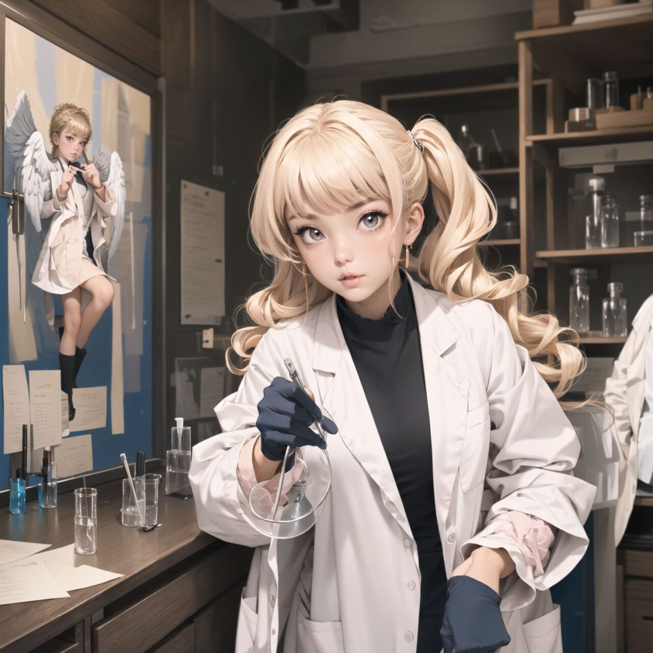 (lab coat angel gyaru:1.5), padded with angel rings, symmetrical white wings, pink bangs and straight hair,
A girl is depicted in detail sitting in a cluttered room.
She has a lethargic look on her face.
In the background are various notes and tools, as well as a bright yellow wall with a blue sky seen through the window, giving the anime poster an ennui and chaotic atmosphere.