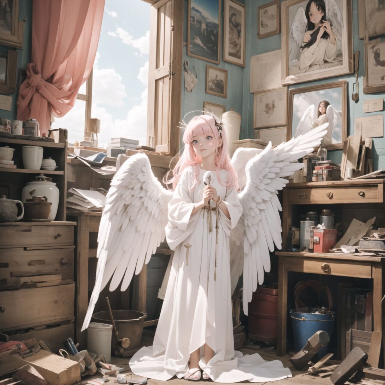 (Angel in white: 1.5), angel ring and white wings, pink bangs padded straight hair,
A girl is depicted in detail sitting in a cluttered room.
She has a lethargic look on her face.
In the background are various notes and tools, as well as a bright yellow wall with a blue sky seen through the window, giving the anime poster an ennui and chaotic atmosphere.